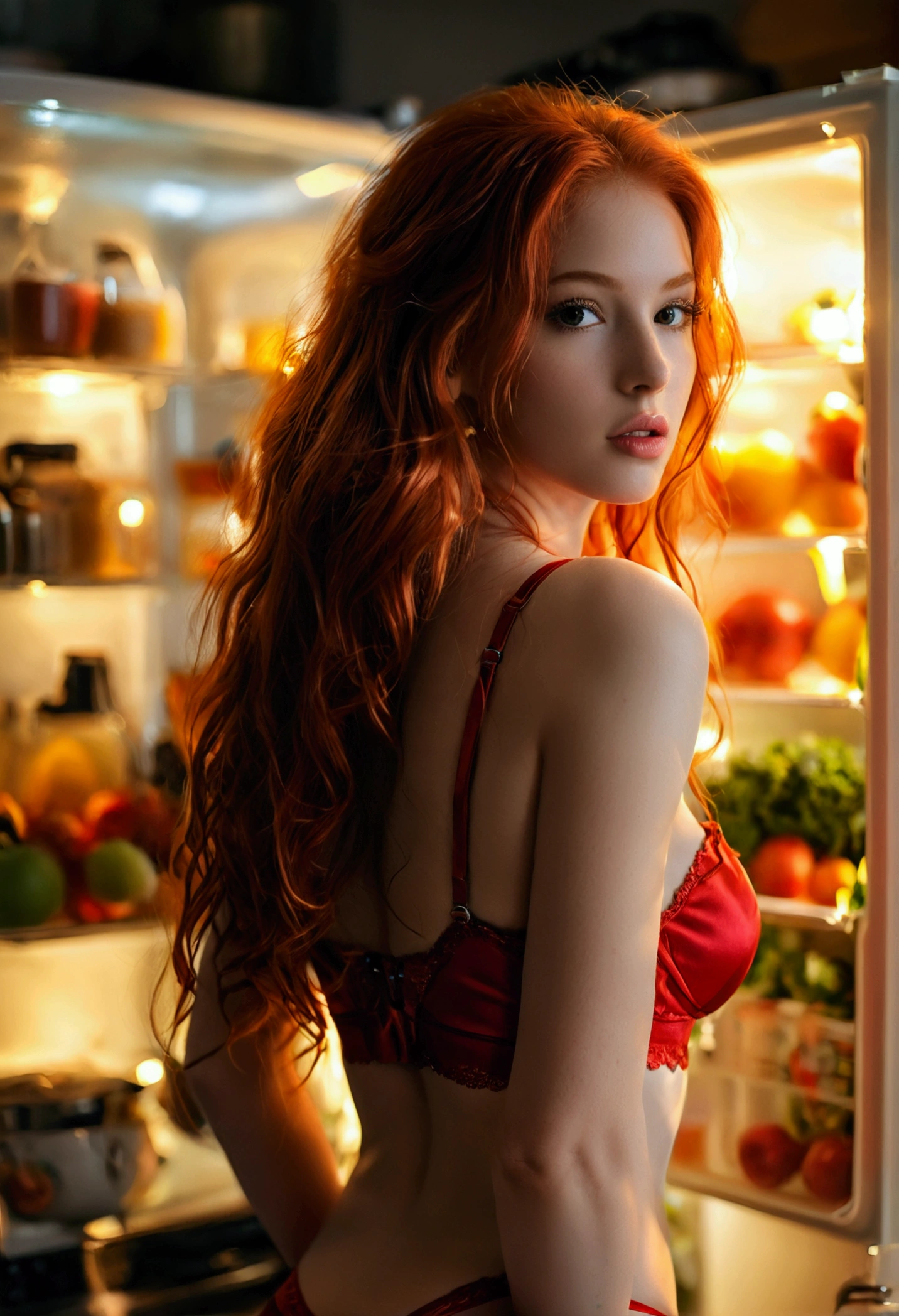 ultra realistic, photography, long red hair, girl, 24 years old, hourglass figure, perfect body, Flirty look, beautiful detailed woman, intricate and detailed face, long lush hair, soft lighting, photorealistic, high quality, cinematic, dramatic, warm color tones, natural breasts, facing the camera, Nikon z fx, lens 35 mm, blur background, in the kitchen, in front of the open fridge, back to the camera, wearing red satin bra and panties, only dim light comes from the fridge, late at night, dark room, darkness, she has a perfect butt, firm butt, perfect small butt