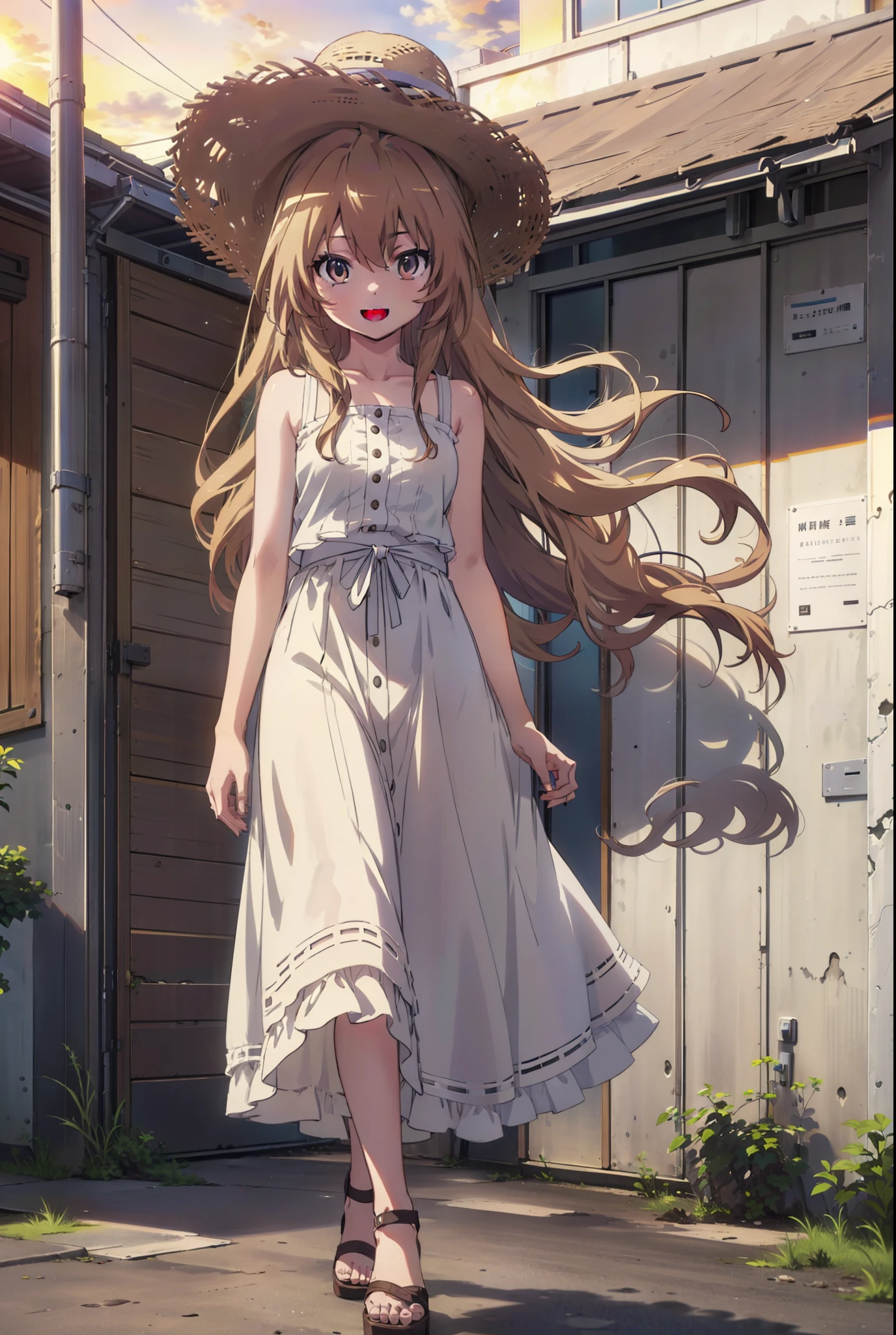 Aisaka Taiga, Aisaka Taiga, Long Hair, Brown Hair, Brown eyes,happy smile,smile, Open your mouth,Straw hat,White sleeveless dress,Long skirt,Heeled Sandals,evening,sunset,The sun is setting,whole bodyがイラストに入るように,Walking, break looking at viewer, whole body,
break outdoors,Coastal Road,In town,
break (masterpiece:1.2), Highest quality, High resolution, unity 8k wallpaper, (shape:0.8), (Beautiful attention to detail:1.6), Highly detailed face, Perfect lighting, Extremely detailed CG, (Perfect hands, Perfect Anatomy),