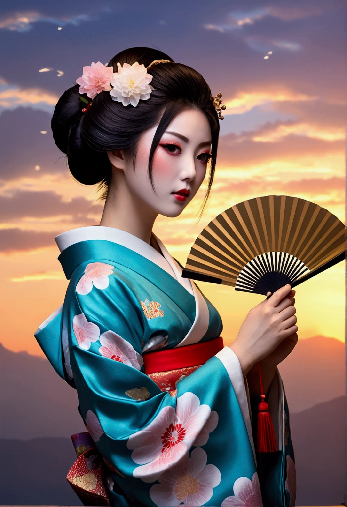 24k,High quality masterpiece, landscape, cloud, Bright starry sky. Traveler, Romantic Light, sexy pose Pixiv, Concept Art, Lofi Art Style, reflection. Roffie Art, Beautiful anime scene, Anime landscape, Detailed landscape — width 672, Enhanced Details. change, Leprechaun,A woman in a kimono holding a folding fan and a uchiwa fan, Traditional Japanese, Japanese style, Japanese Goddess, glamorous and sexy geisha, japanese geisha, Traditional beauty, in kimono, geisha, beauty geisha, Inspired by Fujiwara Takanobu, traditional geisha clothing, geisha makeup, organic seductive geisha, geisha make up