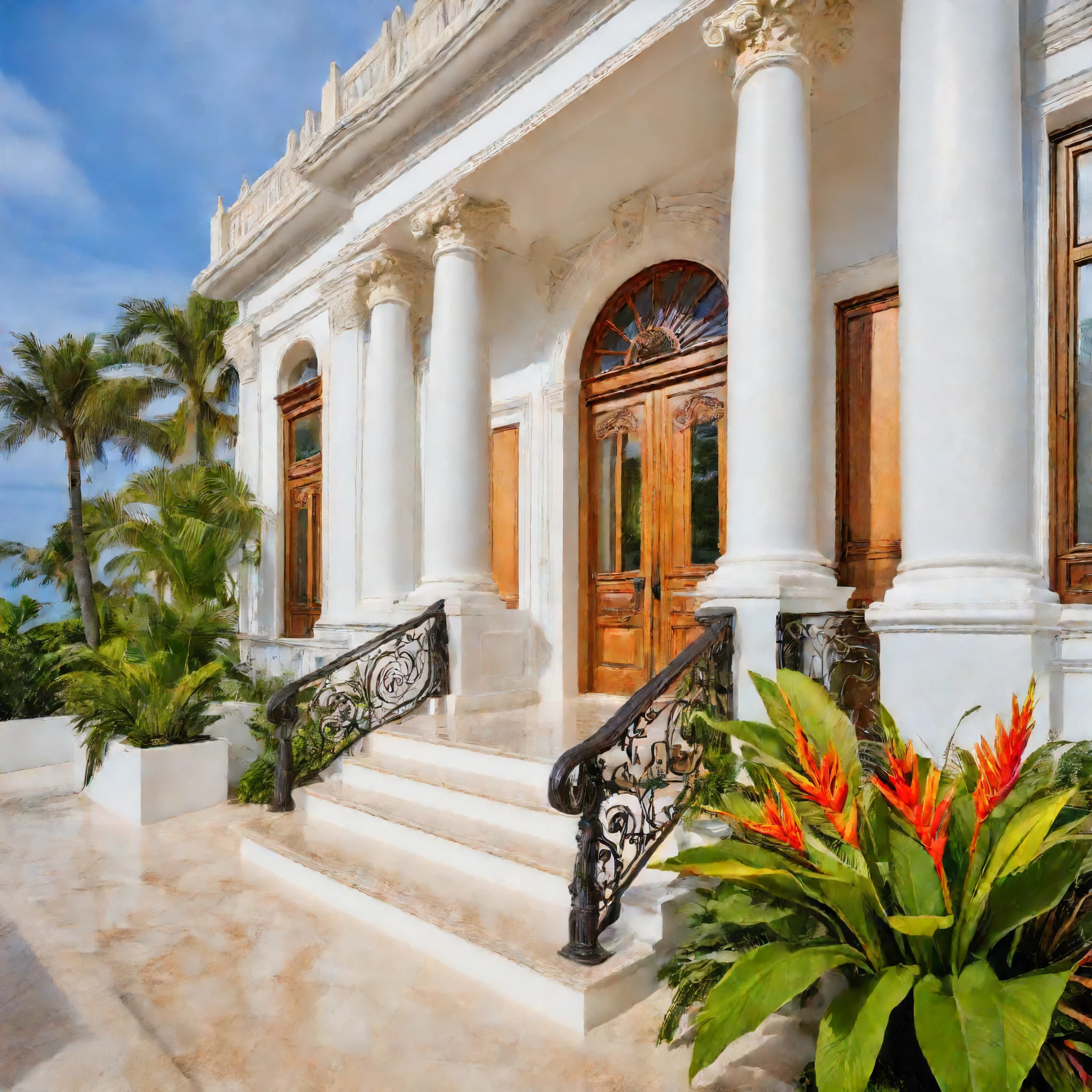 neoclassical villa on the street, (daylight), tropical plants, vivid colors, streetscape, white tones, white walls, wooden material doors, large white glass windows, balcony imitation iron railing, flower planting, warm interior lighting, wood and marble, best quality, 20ArchiAI_XL_NeoTH-v2