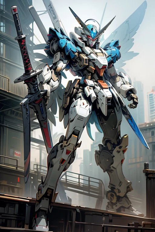 Robot,droid,MECA,Blue Wings,stylish,Knight helm,human_no,giant size,realistic,masterpiece,best quality,super detailed,(holding weapon:1.3),gundam style