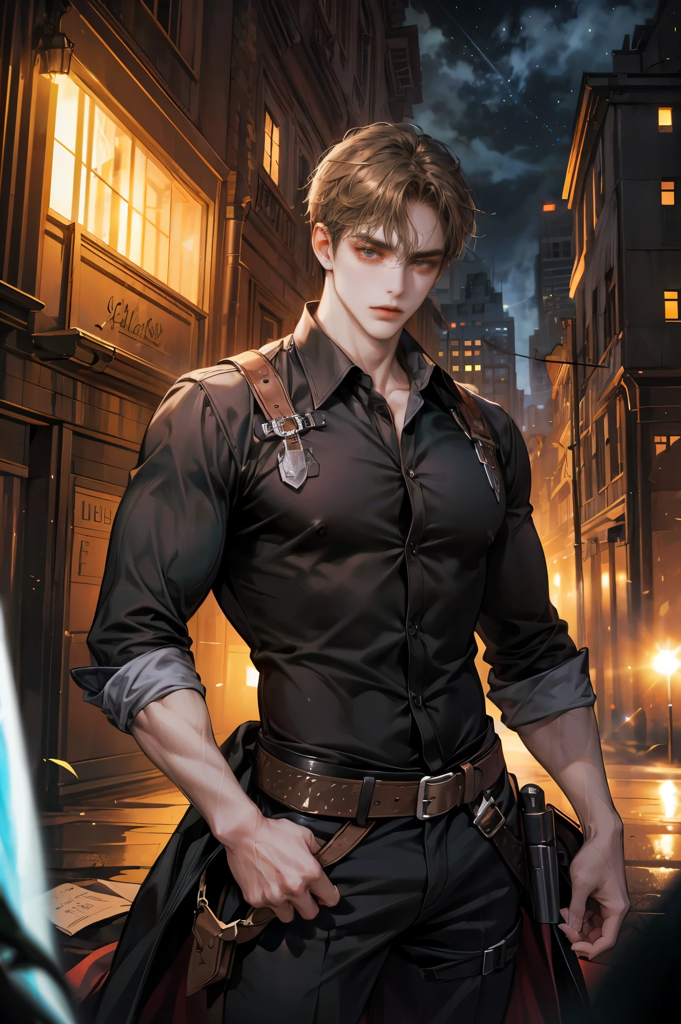 (absurdres, highres, ultra detailed, original character, HDR), 1 boy, solo, young man, handsome, ((tall muscular guy, broad shoulders)), finely detailed eyes, (dark brown hair), hair between eyes, 
dark brown eyes, apocalypse, casual outfit, ((assassin)), body strap, (body tight black shirt), ((large man breasts)), (cowboy shot), dutch angle, face focused, apocalypse alley scenery, dystopian city, closed mouth, looking at viewer, depth of field, bokeh