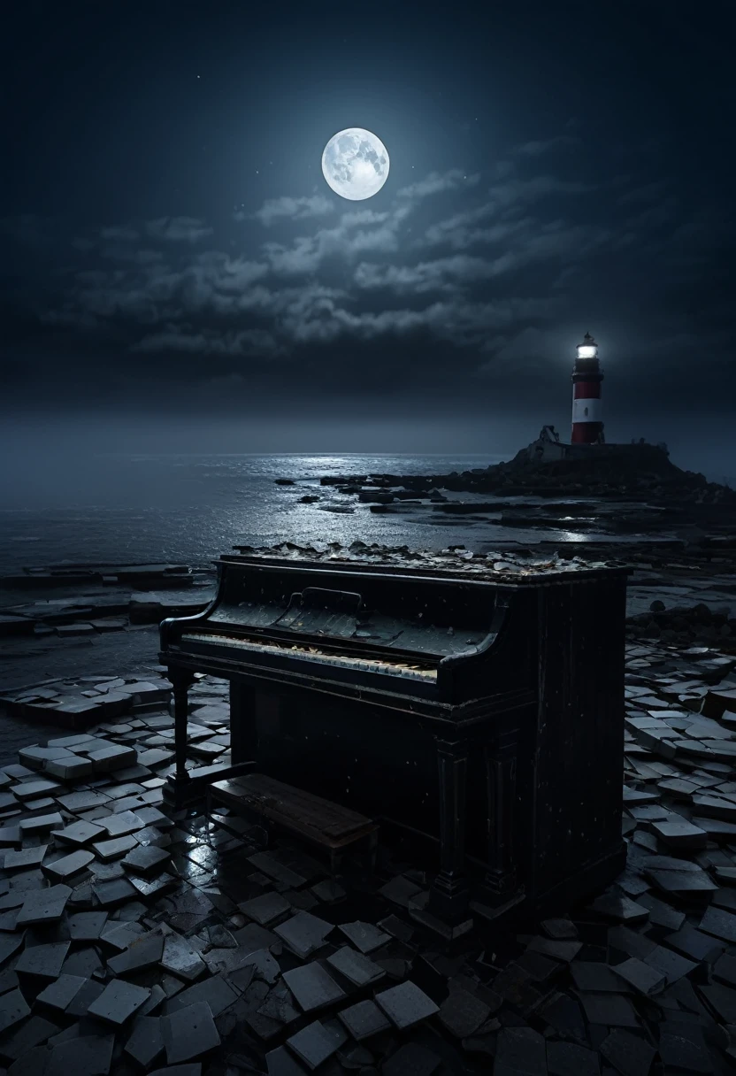 A heavly damaged piano with broken tiles far away on a dark shore, heavy fog near and dark clouds, nightime, the moon is full. A lighthouse can be seen on the back.