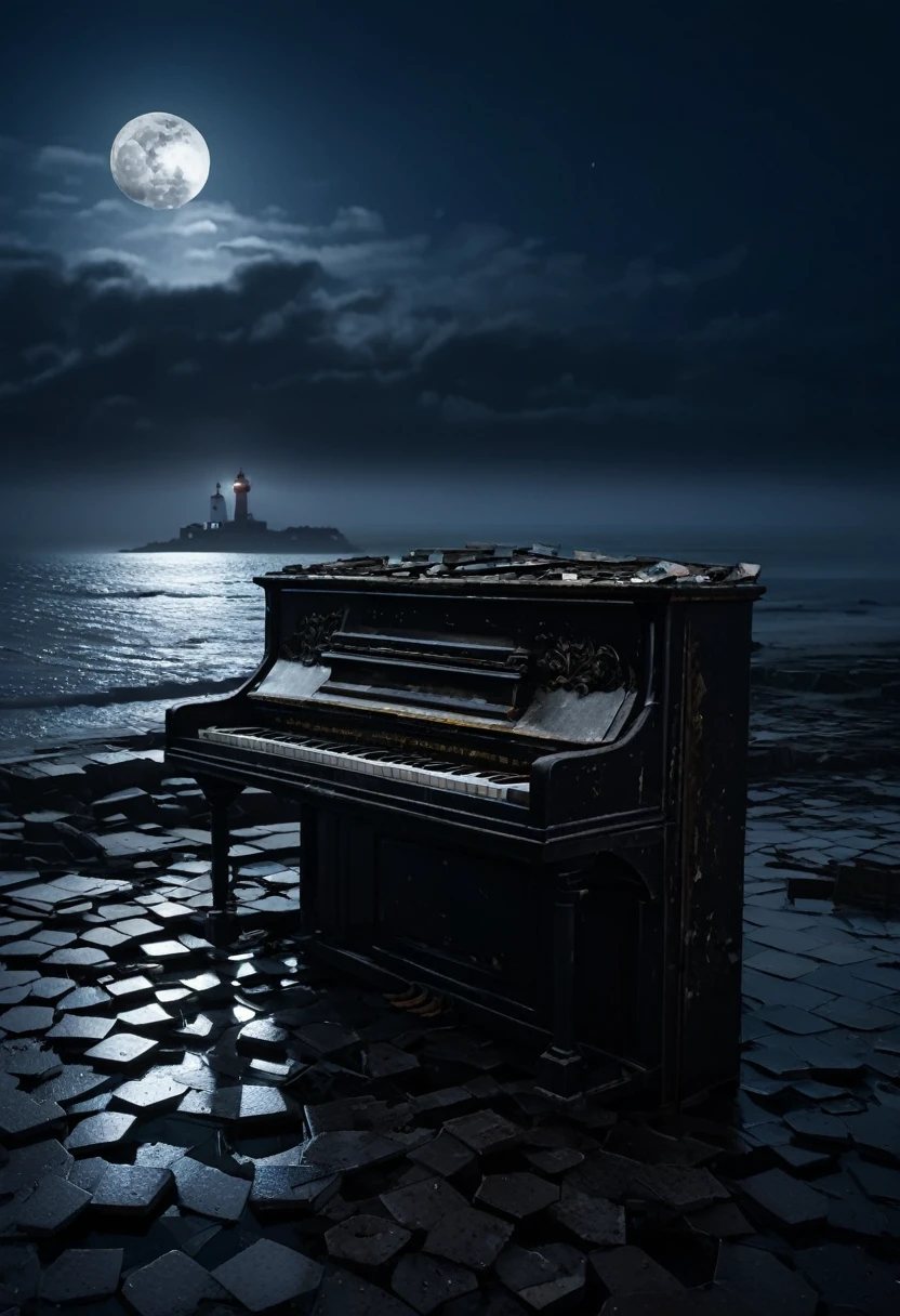A heavly damaged piano with broken tiles far away on a dark shore, heavy fog near and dark clouds, nightime, the moon is full. A lighthouse can be seen on the back.