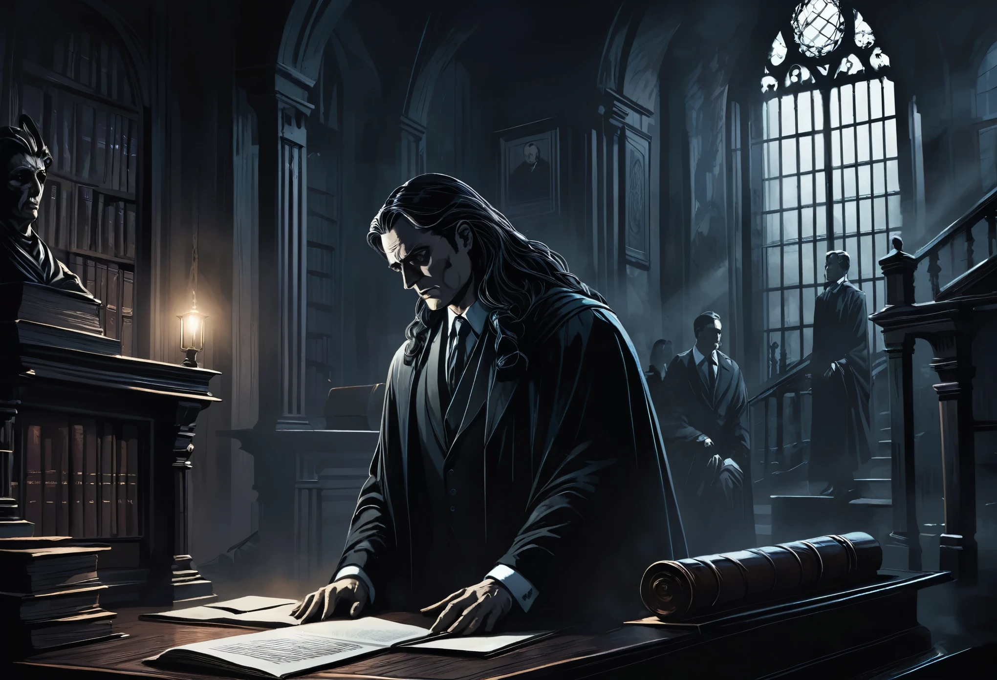 Dark and immersive illustration, lawyer muscle, haunting and detailed style, mysterious and eerie scene, shadows, intricate details, foreboding, suspense, horror and fantasy elements, chilling and atmospheric, rich dark undertones, unease, intrigue, supernatural mysteries, macabre beauty.