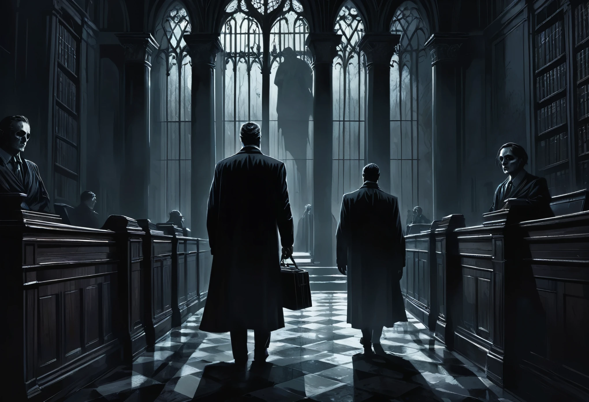 Dark and immersive illustration, lawyer muscle, haunting and detailed style, mysterious and eerie scene, shadows, intricate details, foreboding, suspense, horror and fantasy elements, chilling and atmospheric, rich dark undertones, unease, intrigue, supernatural mysteries, macabre beauty.