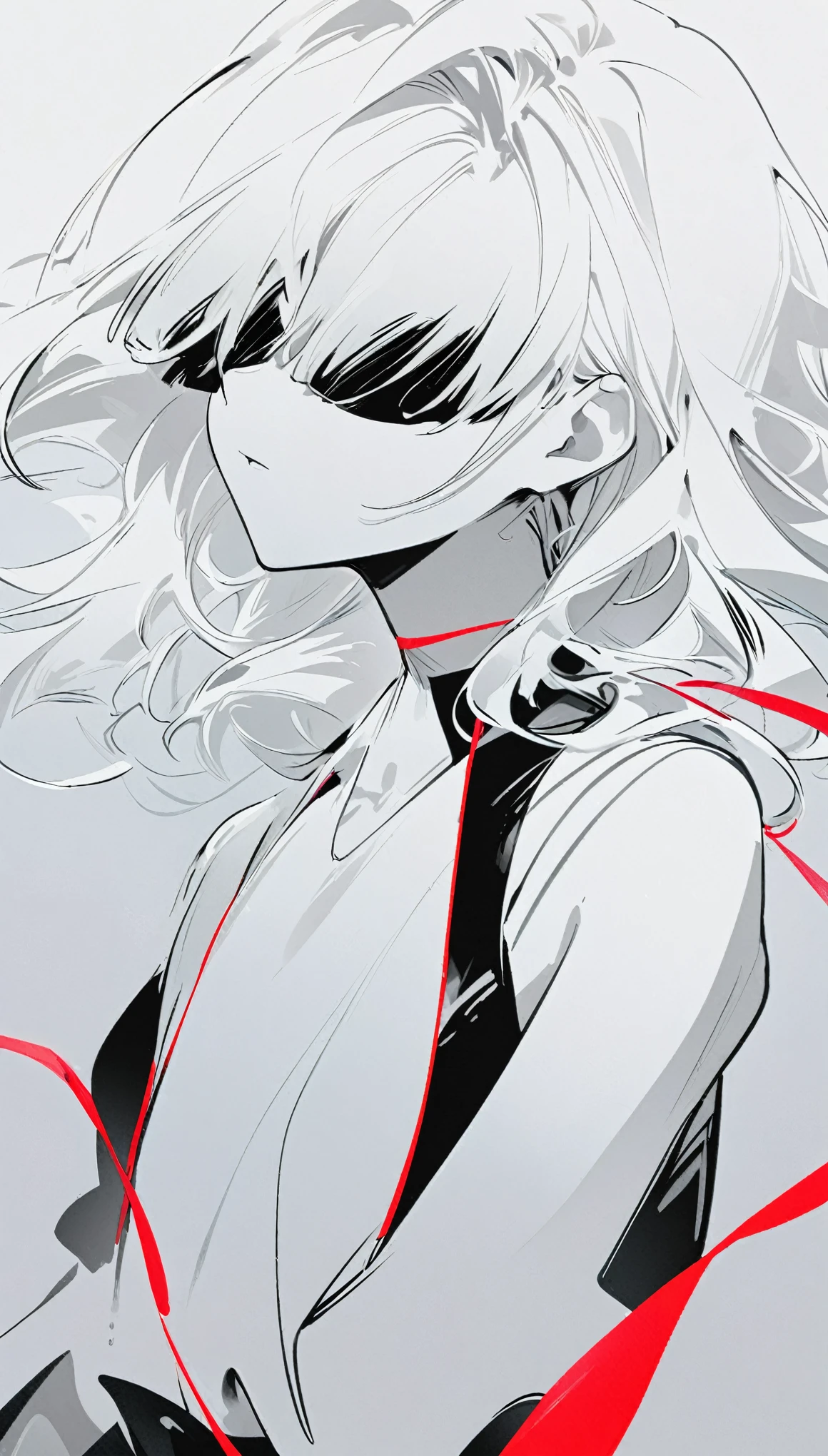 A young woman,A red silk ribbon covers the eyes,illustration,With black aesthetics、The style of anime aesthetics,I can't believe how beautiful it was,monochromatic minimalist portraits,Pop artistic sense,whole body,Dynamic,