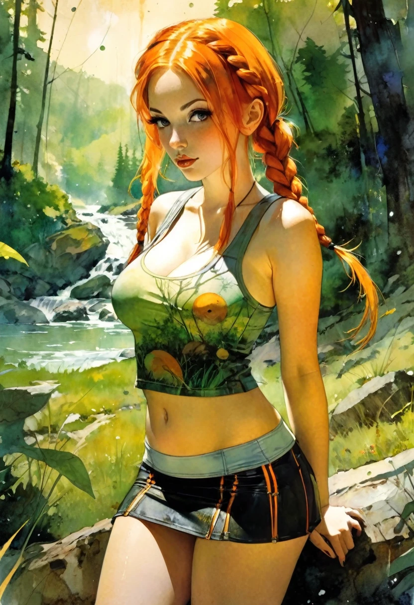 very sexy girl with orange hair in two braids, tight miniskirt, tank top, medium breasts, marked nipples, in a large nature landscape, , art inspired by Bill Sienkiewicz

