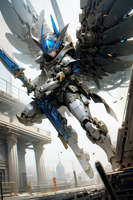 Robot,droid,MECA,Blue Wings,stylish,Knight helm,human_no,giant size,hyper realistic,masterpiece,best quality,super detailed,(holding weapon:1.3)