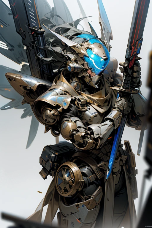 Robot,droid,MECA,Blue Wings,stylish,Knight helm,human_no,giant size,hyper realistic,masterpiece,best quality,super detailed,(holding weapon:1.3)