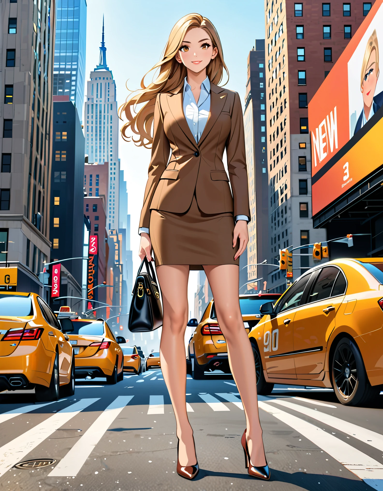 (masterpiece), (best quality), (high res), 1lady, tall body, beautiful detailed face, detailed eyes, perfect hands, complete fingers, perfect anatomy, perfect proportions, dressed in a brown suit, pencil skirt, new york city backdrop, highly detailed, professional, bare legs, (full body), standing, blonde hair, long hair, hazel eyes, ((shoes, matching shoes, high heels)), breasts, medium breasts, (full body portrait), looking at viewer, walking, casual, solo, solo focus, cowboy shot, new york backdrop, full body costume design.