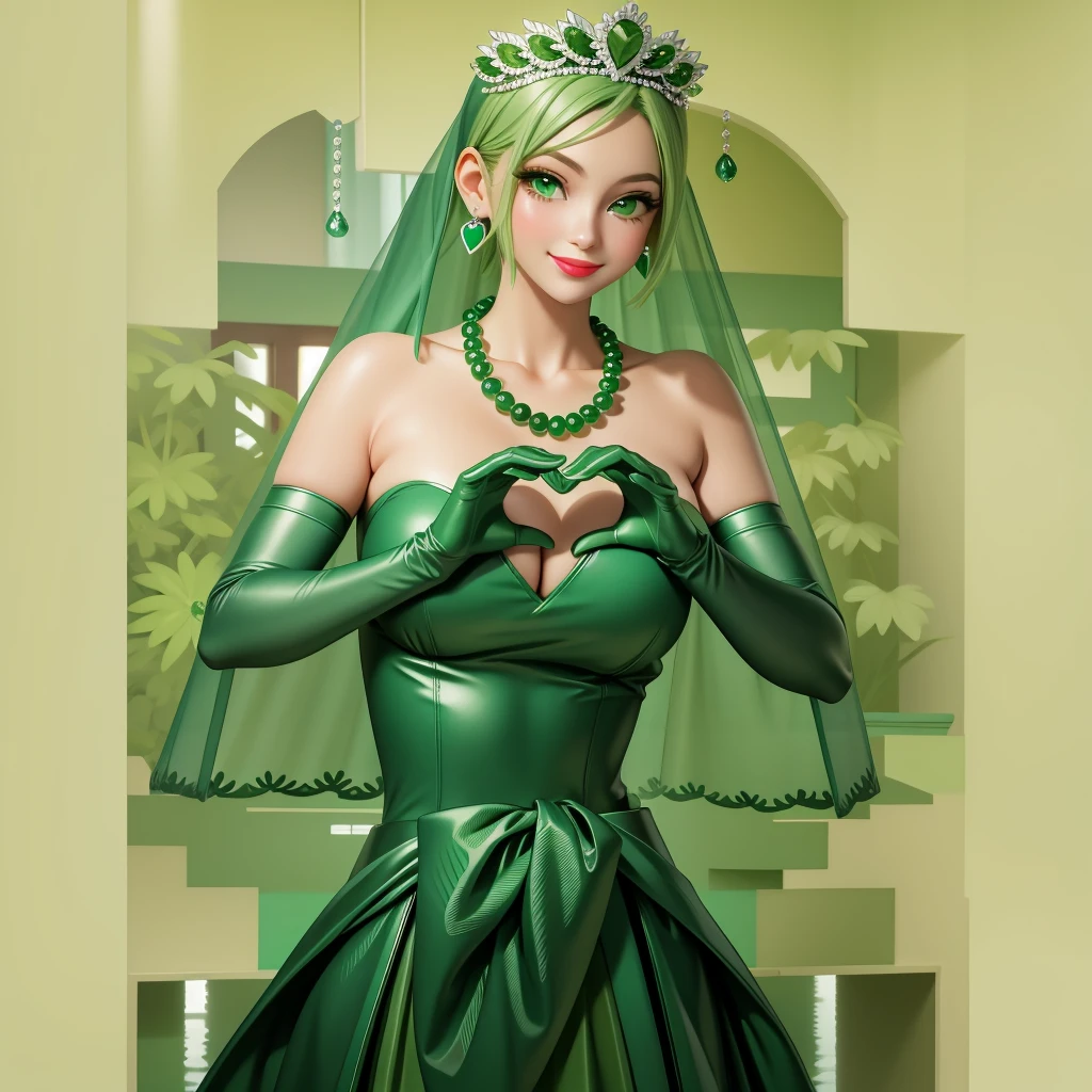 Emerald tiara, Green Pearl Necklace, ボーイッシュな非常に短いGreen Hair, Green Lips, Smiling Japanese woman, Very short hair, Busty beautiful lady, Green Eyes, Green satin long gloves, Green Eyes, Emerald Earrings, Green veil, Heart with both hands, Green Hair, Beautiful Japanese Women, Heart shaped hands:1.3, green lip gloss