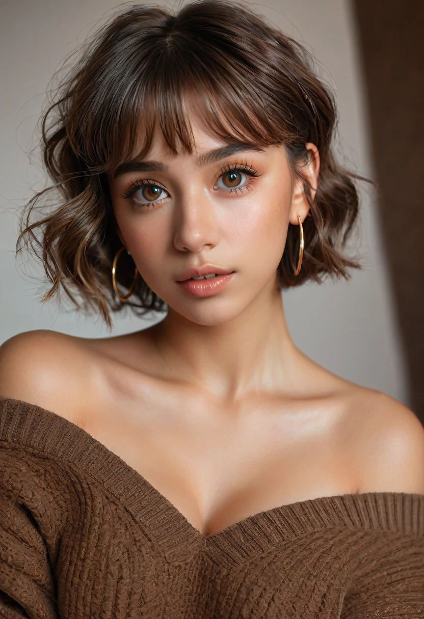 (best quality, 4k, highres, highres face details), 18 yrs old, 1girl, solo, athletic figure, tan skin, hoop earrings, perfect nose, perfect lips, fake lashes, deep cleavage, cute face, wearing an off the shoulder brown sweater, midriff showing, wearing jean shorts, brown hair, short curly hair, crossed bangs, brown eyes, constricted pupils, hair pin, hoop earrings, cinematic lighting, Ultra-Wide Angle, Canon, Hyperrealism, UHD, masterpiece, textured skin, high details, best quality, detailed eyes, detailed iris, whole body photo, posing for the camera