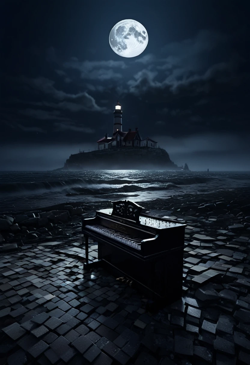 A piano with broken tiles far away on a dark shore, heavy fog near and dark clouds, nightime, the moon is full. A lighthouse can be seen on the back.