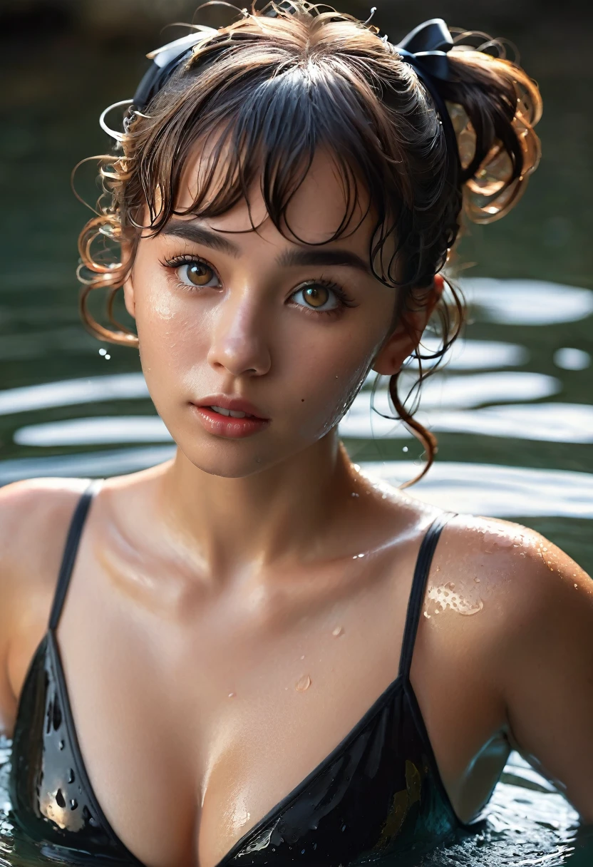 (best quality, 4k, highres, highres face details),18 yrs old, 1girl, solo, athletic figure, tan skin, hoop earrings, perfect nose, perfect lips, fake lashes, deep cleavage, pretty face, cute face, wearing a black bodysuit, soaking wet, wet hair, wet body, water dripping off hair and body, brown hair, short curly hair, crossed bangs, brown eyes, constricted pupils, hair ribbon, hoop earrings, cinematic lighting, Ultra-Wide Angle, Canon, Hyperrealism, UHD, masterpiece, textured skin, realistic water texture, high details, best quality, detailed eyes, detailed iris, whole body photo, posing for the camera