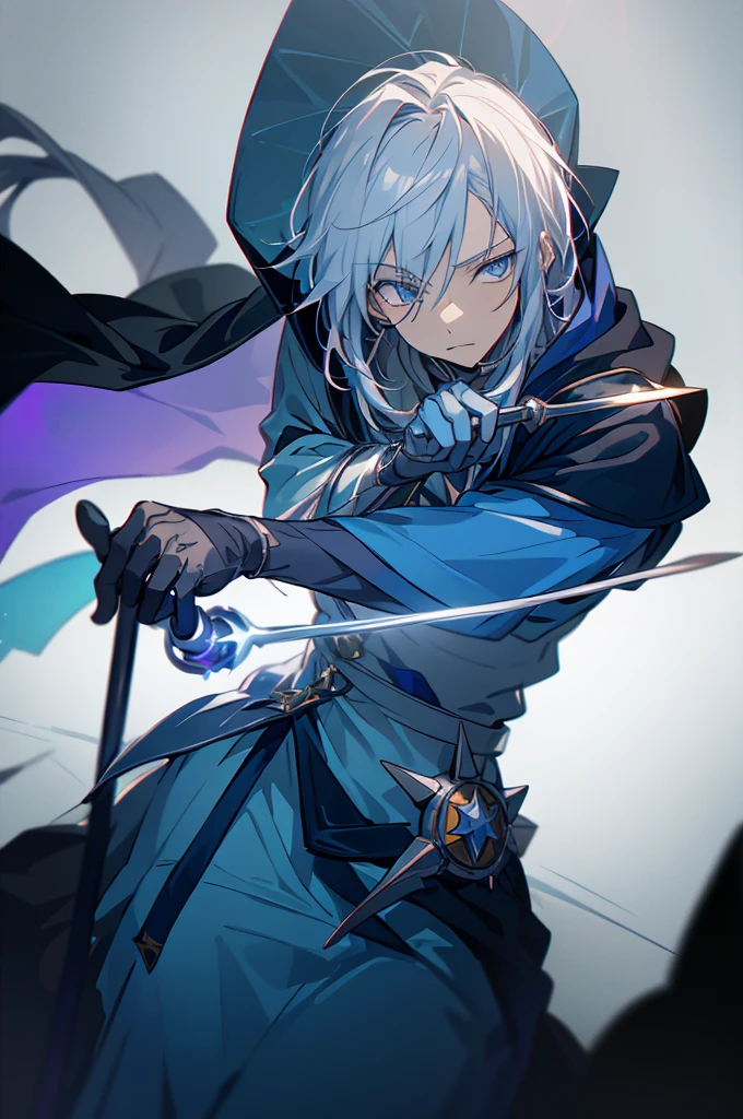 Wizard a young man, he has a silver hair and blue eyes, he wear a hood and wear gloves , he hold rapier
,starrystarscloudcolorful,add_detail:1, add_detail:0, add_detail:0.5,(realistic ultra details)