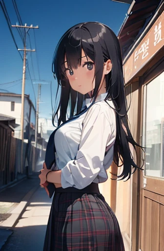 background: Midnight Express Station, (Highest quality, The best quality at its best), (1 mature male, kiss),Left wall, opposite sex, 1 female, hug, Mid-breasted,From the side From the side, Cowboy gets shot, Break Break Break, Girls Vs., Wearing a suit , (Black suit:1.1), White collar blouse, Blue tie, Tartan Check Skirt, colored inside,color:1.25),close your eyes, (dream-like,Adorable expression:1.3).,Big Breasts、Long black hair