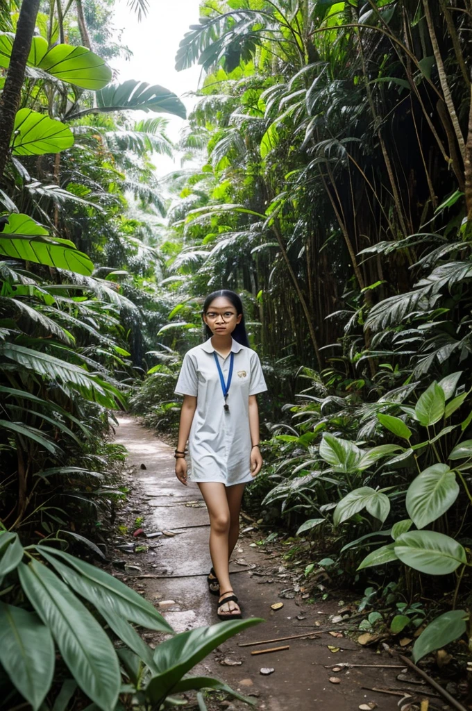 Thai white girl 16 years old wearing glass and walking in jungle