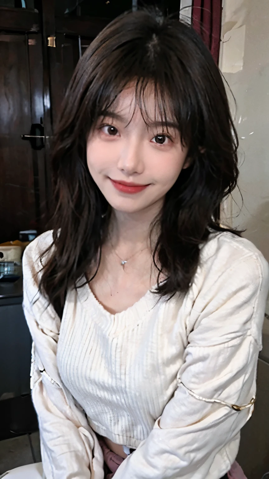 Best quality, Ultra-high resolution, (Realistically:1.4),Cute hairpin,Baoyu girl,1 Girl, Beautiful slim woman:1.4, Abdominal muscles:1.1, (Brown hair, Medium breasts:1.3), Long pink sweater:1.1, bathroom,Ultra-thin face,Exquisite eyes,Double eyelids,Smile,Necklace