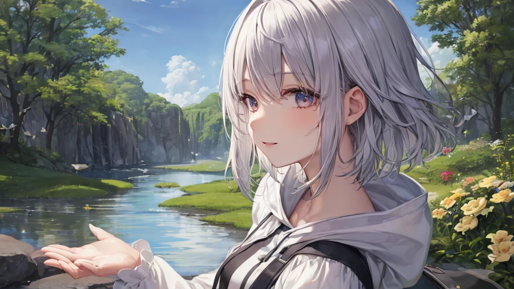 Ultra HD,Look at the viewers, Put your hands behind your back, With a girl, 20-year-old, 非常にShort Hair, Long bangs between the eyes, Pale blue eyes, Very detailed,(masterpiece、Highest quality),Gray Hair、Laughter、Fantastic, Silver Hair, Iris, Short hair、 Fluttering Hair、Small Face、明るいsmile、(Detailed face) ,Professional Lighting,Wonderful landscape,blue sky, sunlight,Looking down from above,Portraiture、Open your mouth、Flower Field、Her eyes were shining、Mysterious and enchanting atmosphere。With AI Painting、とてもShort Hair, Long bangs between the eyes, Very detailed,(masterpiece、Highest quality)、alone、Gray Hair、Fantasy, Silver Hair, Fantasyな風景、smile、Open your mouth、short hair、Short Hair、hairpin、black eye、Grey Eyes、Beautiful Eyes、Black Shirt、White hoodie