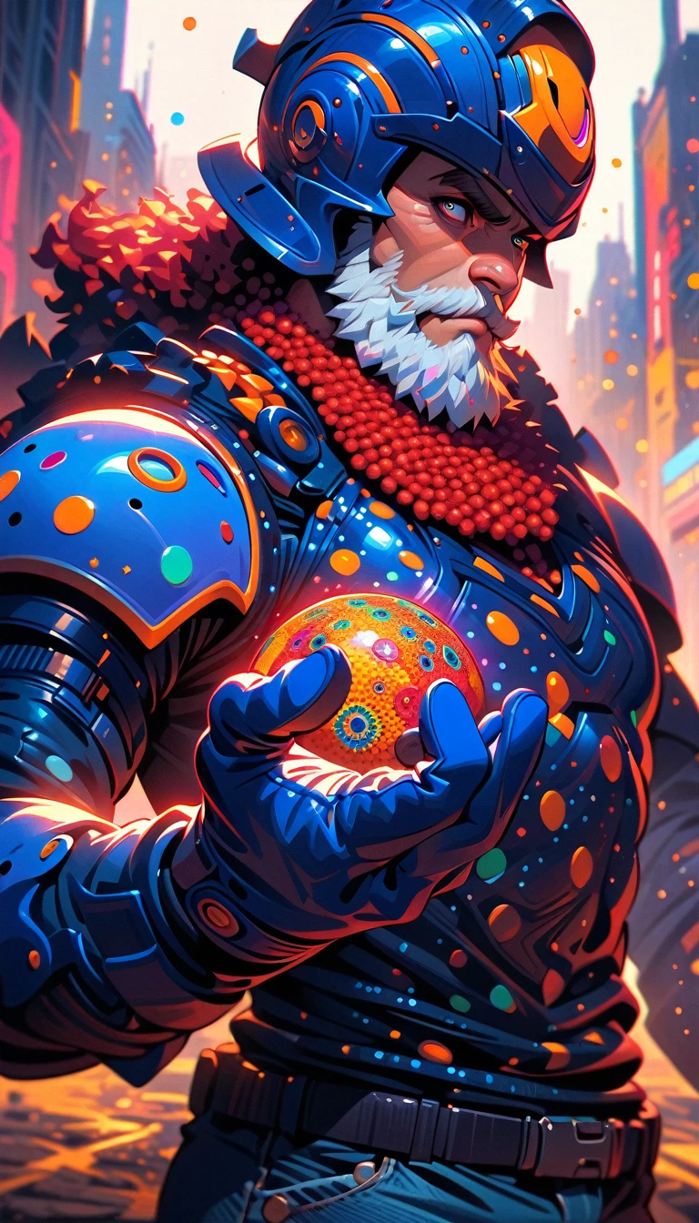 ((best quality)) , ((masterpiece)) , (detailed)，1boy, male focus, solo, shirt, helmet, pants, denim, armor, facial hair, blue pants, gloves, beard, jeans, holding,(((Pointillism style，Composed entirely of small, distinct dots of color, vibrant, highly detailed)))