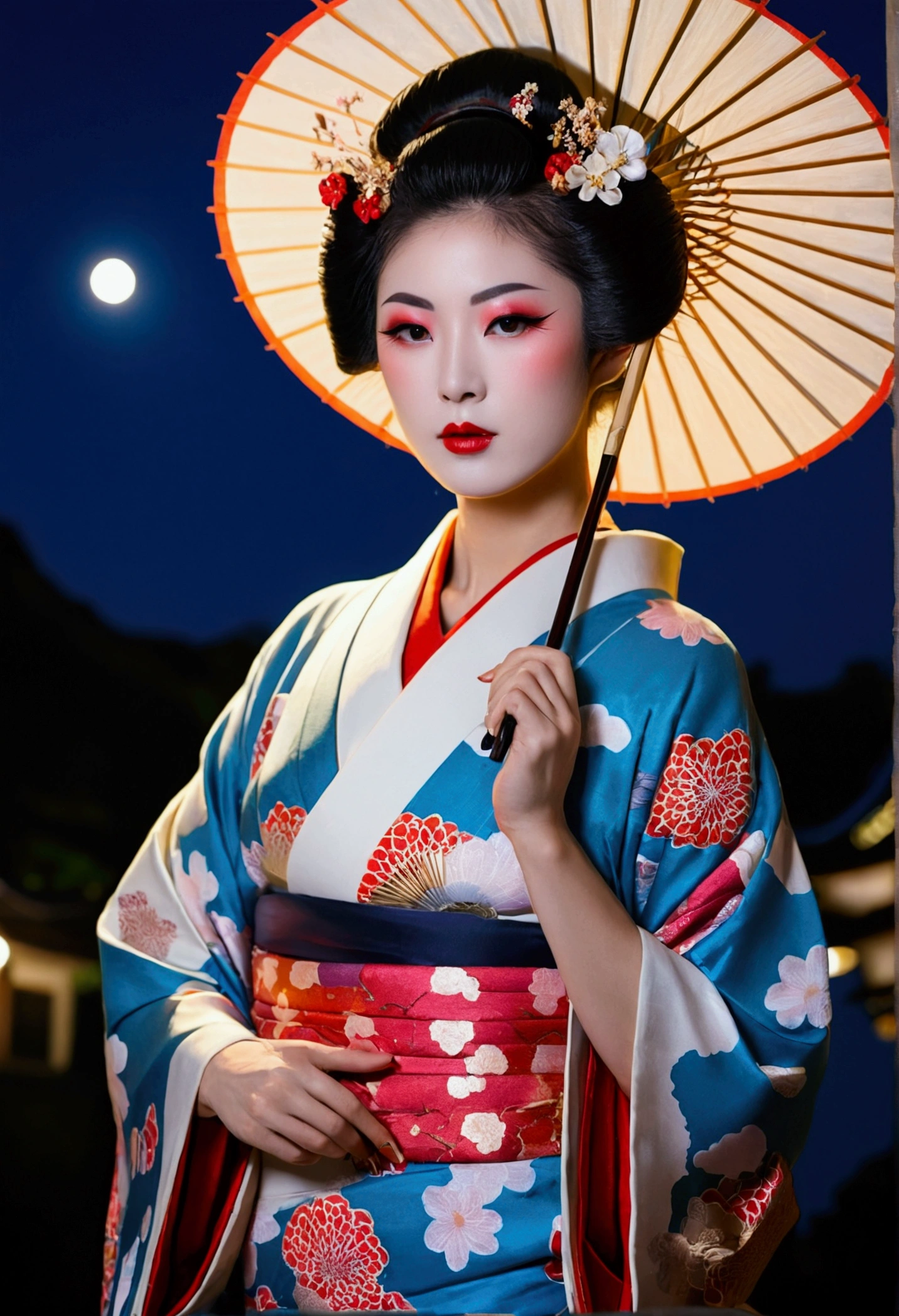 24k,High quality masterpiece, landscape, cloud, Bright starry sky. Traveler, Romantic Light, sexy pose Pixiv, Concept Art, Lofi Art Style, reflection. Roffie Art, Beautiful , Detailed landscape — width 672, Enhanced Details. change, Leprechaun,A woman in a kimono holding a folding fan and a uchiwa fan, Traditional Japanese, Japanese style, Japanese Goddess, glamorous and sexy geisha, japanese geisha, Traditional beauty, in kimono, geisha, beauty geisha, Inspired by Fujiwara Takanobu, traditional geisha clothing, geisha makeup, organic seductive geisha, geisha make up