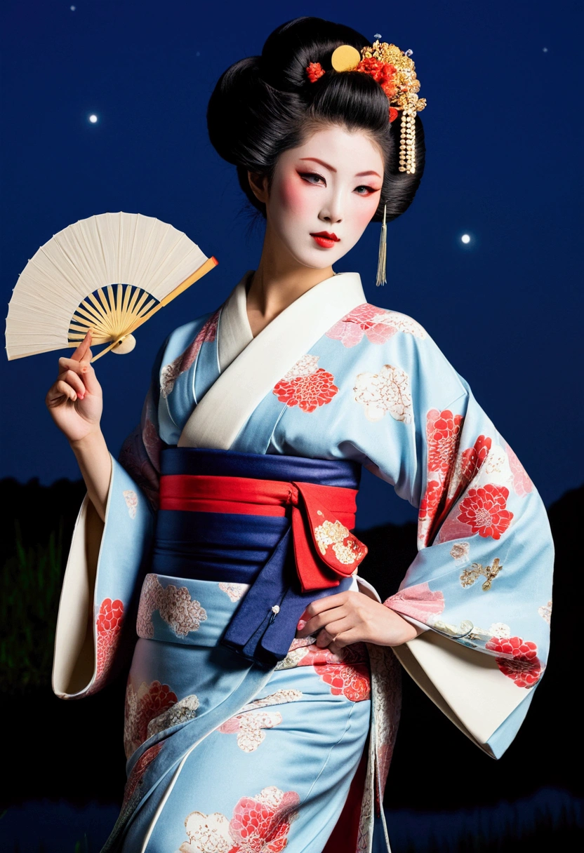 24k,High quality masterpiece, landscape, cloud, Bright starry sky. Traveler, Romantic Light, sexy pose Pixiv, Concept Art, Lofi Art Style, reflection. Roffie Art, Beautiful , Detailed landscape — width 672, Enhanced Details. change, Leprechaun,A woman in a kimono holding a folding fan and a uchiwa fan, Traditional Japanese, Japanese style, Japanese Goddess, glamorous and sexy geisha, japanese geisha, Traditional beauty, in kimono, geisha, beauty geisha, Inspired by Fujiwara Takanobu, traditional geisha clothing, geisha makeup, organic seductive geisha, geisha make up