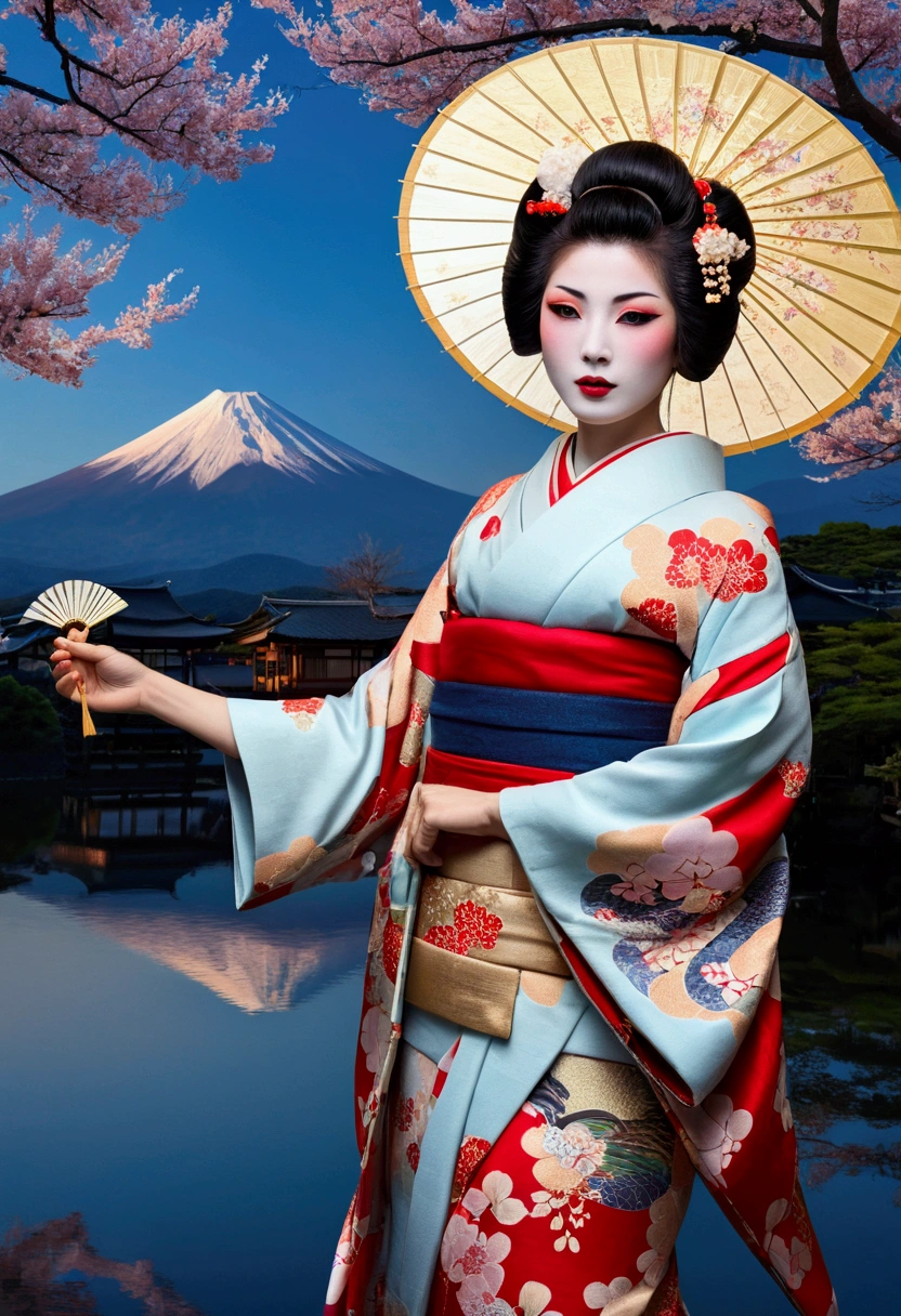 24k,High quality masterpiece, landscape, cloud, Bright starry sky. Traveler, Romantic Light, sexy pose Pixiv, Concept Art, Lofi Art Style, reflection. Roffie Art, Beautiful , Detailed landscape — width 672, Enhanced Details. change, Leprechaun,A woman in a kimono holding a folding fan and a uchiwa fan, Traditional Japanese, Japanese style, Japanese Goddess, glamorous and sexy geisha, japanese geisha, Traditional beauty, in kimono, geisha, beauty geisha, Inspired by Fujiwara Takanobu, traditional geisha clothing, geisha makeup, organic seductive geisha, geisha make up