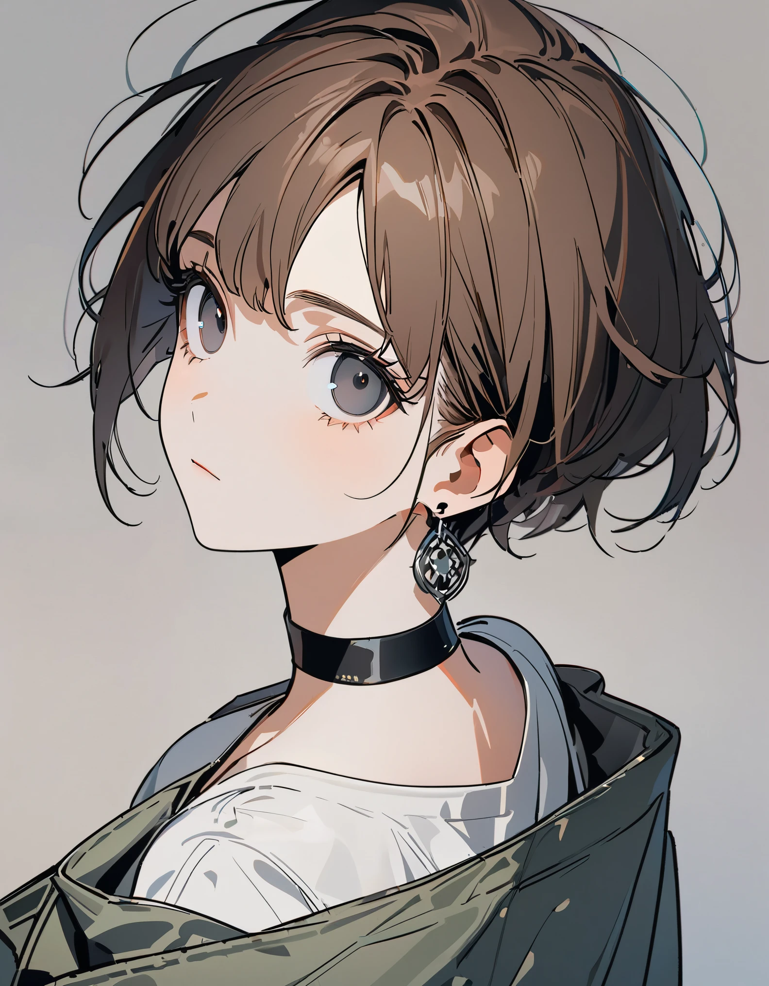 best quality, beautiful, 8K, expressionless, looking back, looking up, 後ろで結んでいる, brown hair, black eyes, slim, jacket, earrings, choker, boyish, concept