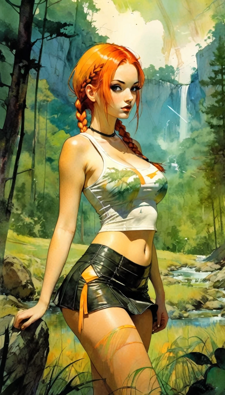 Very sexy girl with orange hair in two braids, tight miniskirt, tank top, medium breasts, sitting on the floor with her legs open, touching her pussy, hands in pussy, fingers in pussy, fluids, orgasm, in a great landscape of nature,oil painting, chiaroscuro, sensual, dramatic lighting, moody atmosphere, photorealistic, intricate details, masterpiece, ultra-detailed, high quality, 8k, best quality, realistic, cinematic, dark and brooding, expressionistic, powerful composition, emotional impact, Bill Sienkiewicz inspired art
