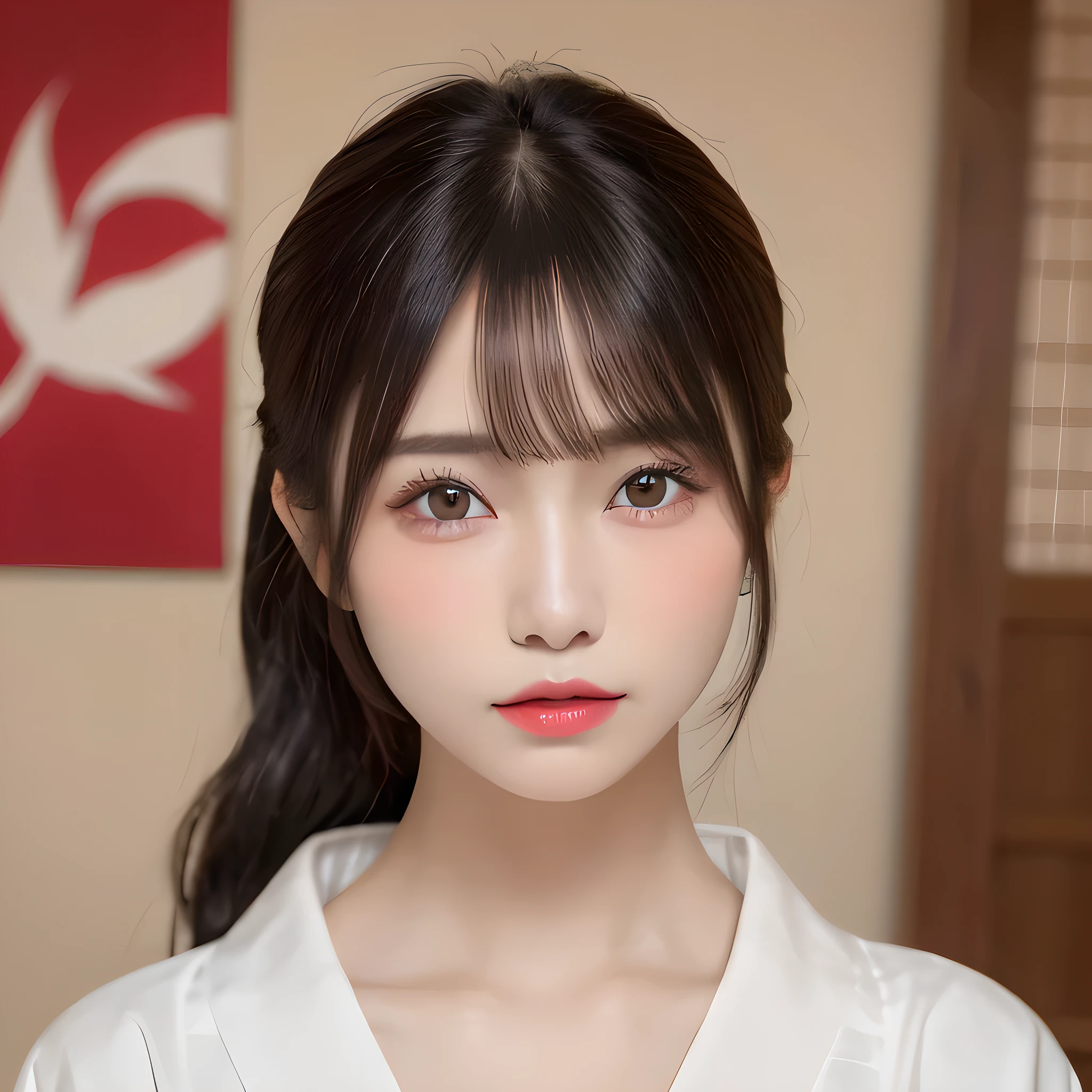 (table top:1.3), (8k, realistic, RAW photo, highest quality: 1.4), Japanese, (Women of the Edo period), Japanese clothing from the Edo period、expensive kimono、brightly colored kimono、Edo period hair、Japanese hair、hairpin、kimono hairstyle、short ponytail、parted bangs、beautiful face, (realistic face), (black hair), beautiful nape, realistic eyes, fine and beautiful eyes, (realistic skin), beautiful skin, charm, 超A high resolution, 超realistic, very detailed, golden ratio,, beautiful clavicle, pure white makeup、bright red lipstick、In a Japanese room、15 years old,