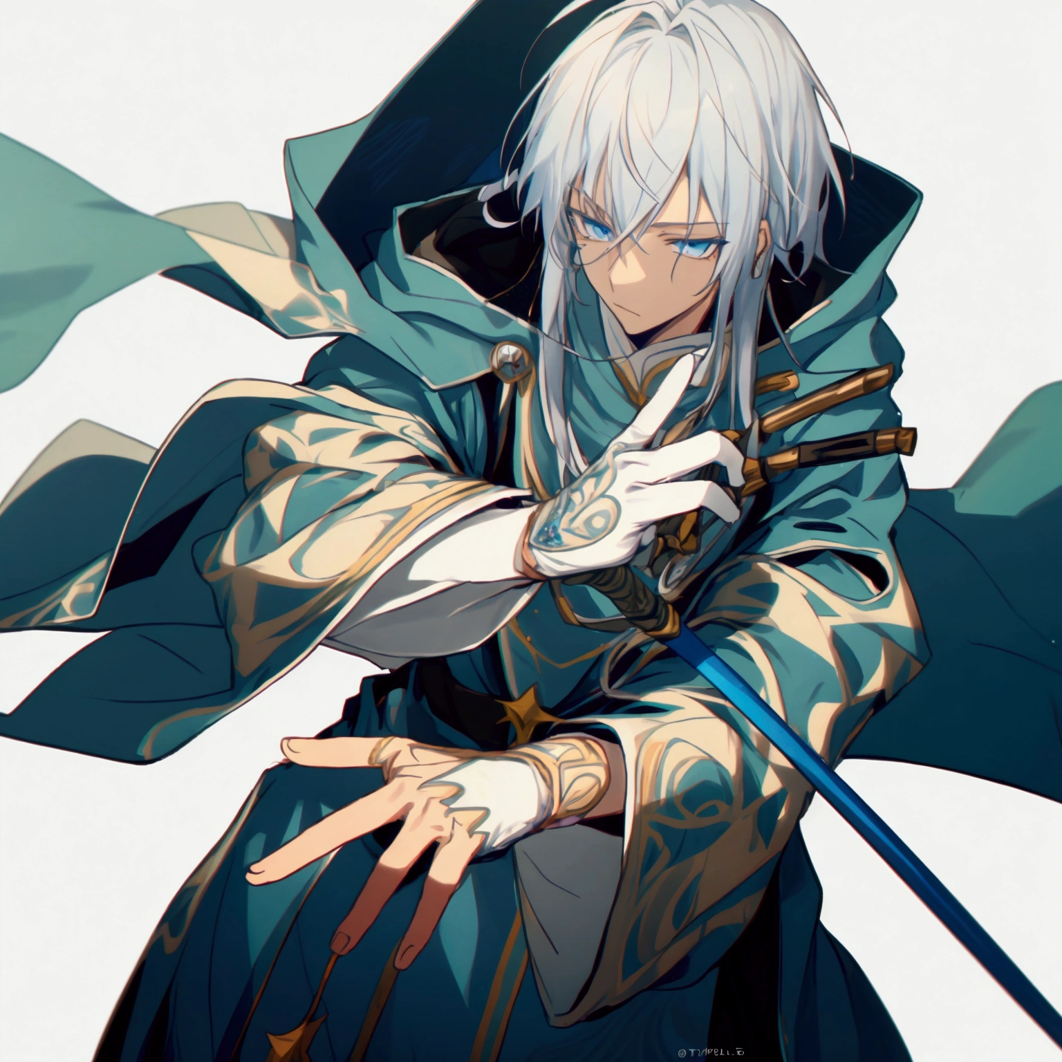 Wizard a young man, he has a silver hair and blue eyes, he wear a hood and wear gloves , he hold rapier
,starrystarscloudcolorful,add_detail:1, add_detail:0, add_detail:0.5,(realistic ultra details)