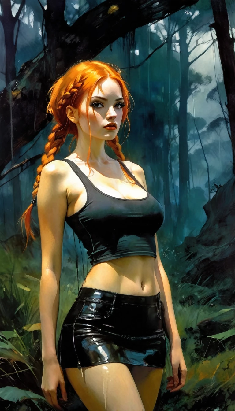 very sexy girl with orange hair in two braids, tight miniskirt, tank top, medium breasts, marked nipples, in a large nature landscape,oil painting, chiaroscuro, sensual, dramatic lighting, moody atmosphere, photorealistic, intricate details, masterpiece, ultra-detailed, high quality, 8k, best quality, realistic, cinematic, dark and brooding, expressionistic, powerful composition, emotional impact, Bill Sienkiewicz inspired art