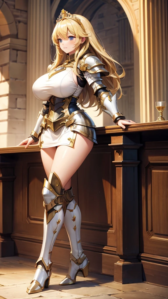 Blonde with huge breasts，Queen，white knight armor，Bare legs，iron boots，Standing,castle