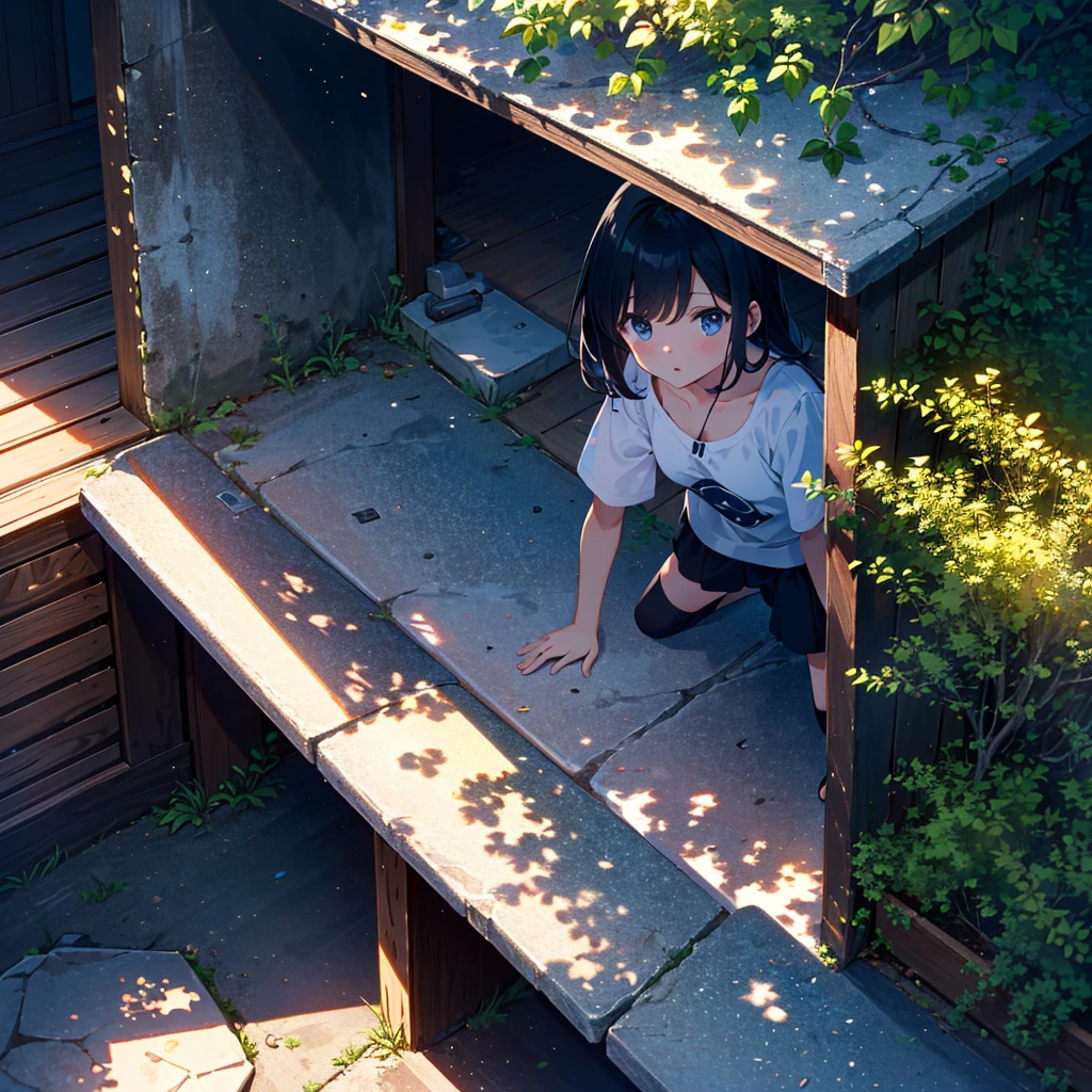 Masterpiece, highest quality, high resolution background, bright and beautiful atmosphere, 1 girl (, 1 short-tempered round face), 1 person (hair, surface effects), small breasts, old housing complex, summer clothes, girl playing hide and seek, "deltamon_sdXL" :0.73) >Deltamon”