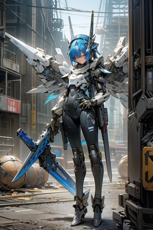 Robot,droid,MECA,Blue Wings,stylish,human_no,giant size,hyper realistic,masterpiece,best quality,super detailed,(holding weapon:1.3),cool,