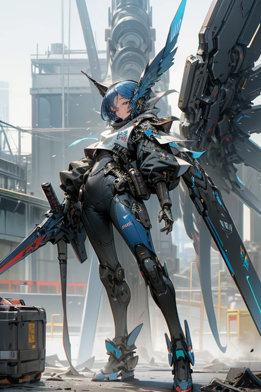 Robot,droid,MECA,Blue Wings,stylish,human_no,giant size,hyper realistic,masterpiece,best quality,super detailed,(holding weapon:1.3),cool,