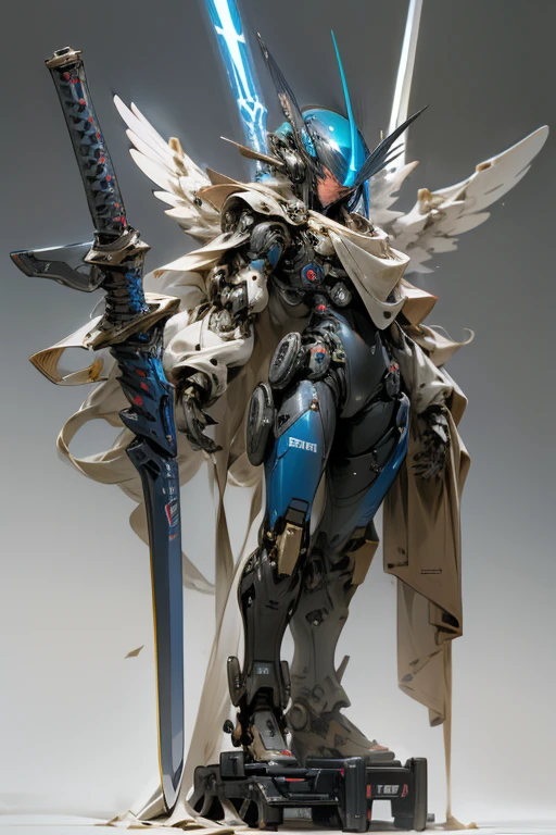 Robot,droid,MECA,Blue Wings,stylish,human_no,giant size,hyper realistic,masterpiece,best quality,super detailed,(holding weapon:1.3),cool,