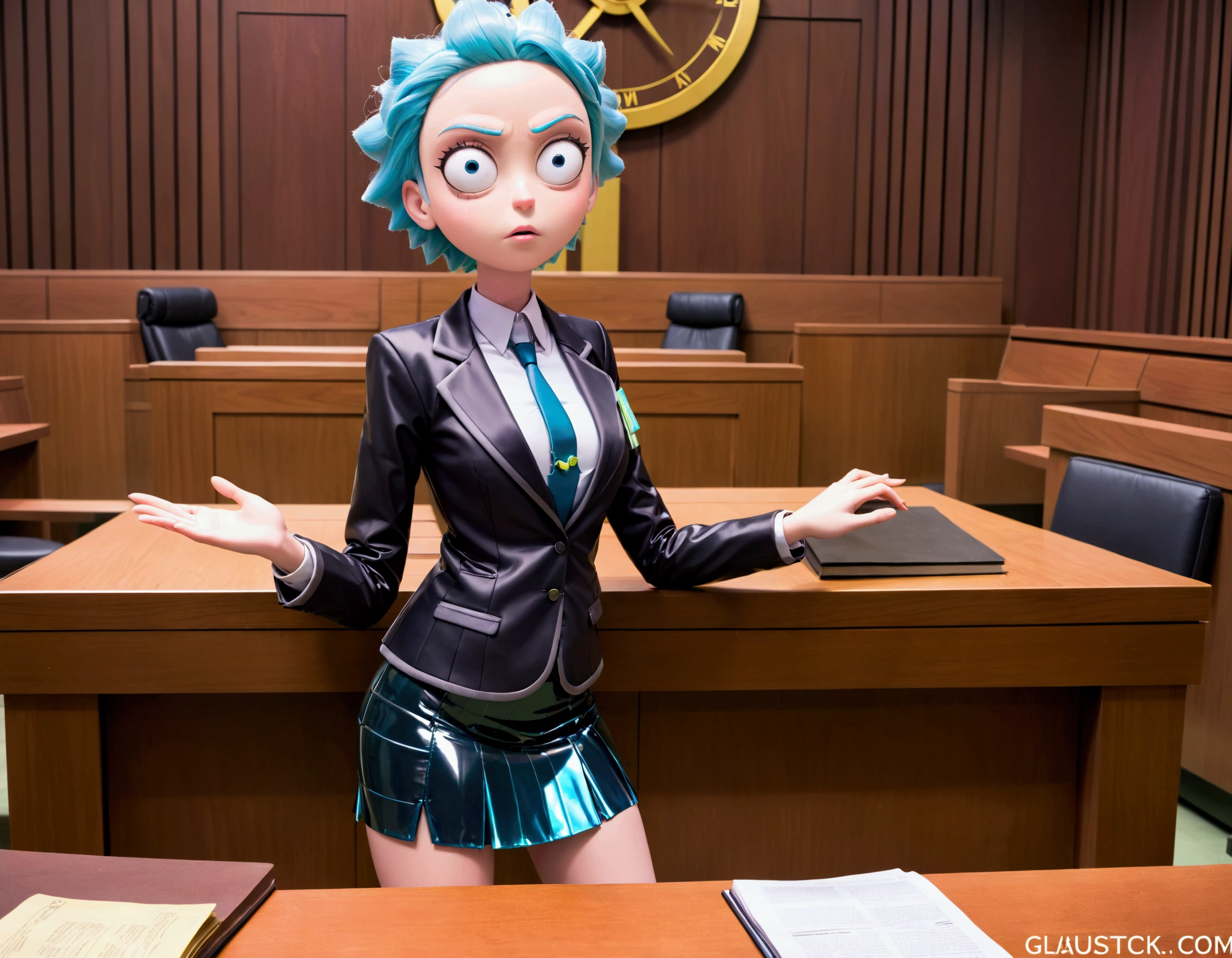 Clock work lawyer (very human, female, obvious mechanical seams at joints, doll like formal suit with mini skirt, glassy eyes) is in a court room, she is question Rick of rick and Morty (science outfit, witness stand), court room
