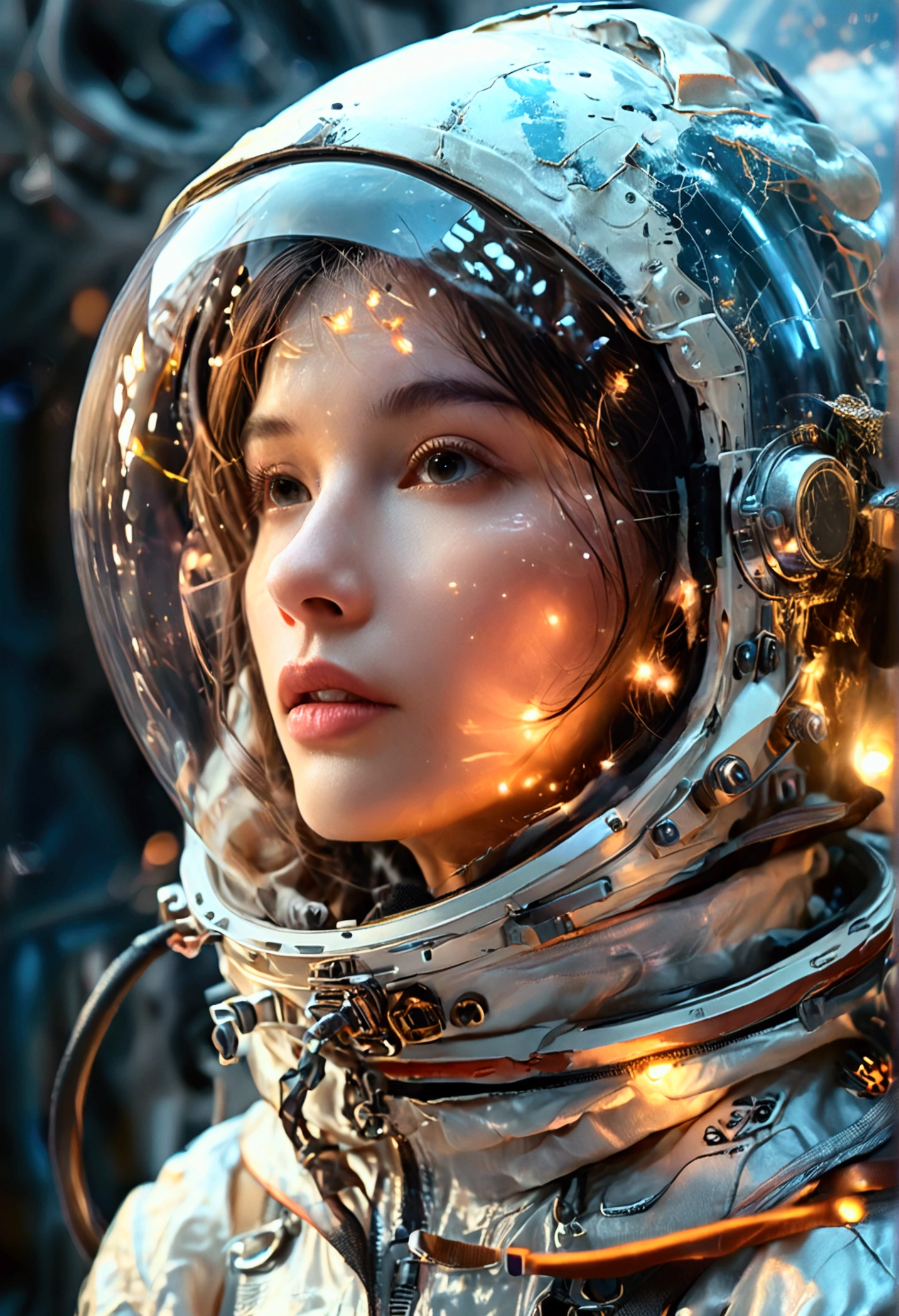 Young female astronaut with beautiful face in helmet, professional astronaut in down jacket floating in zero gravity, Earth in great detail in background, dreamy and surreal atmosphere, volumetric lighting, soft cinematic lighting, highly detailed 8K, Realistic, complex and mysterious space background,