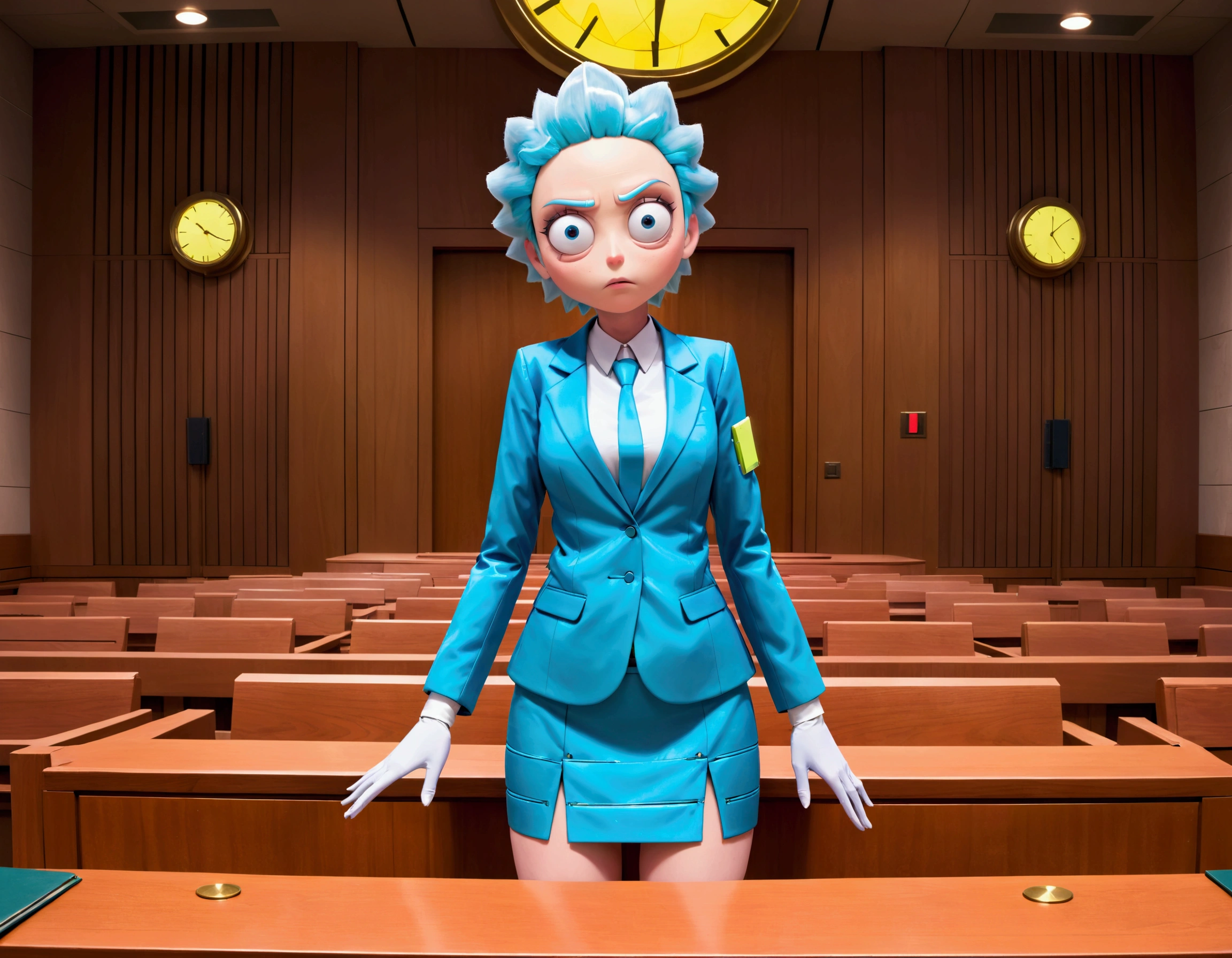 Clock work lawyer (very human, female, obvious mechanical seams at joints, doll like formal suit with mini skirt, glassy eyes) is in a court room, she is question Rick of rick and Morty (science outfit, witness stand), court room