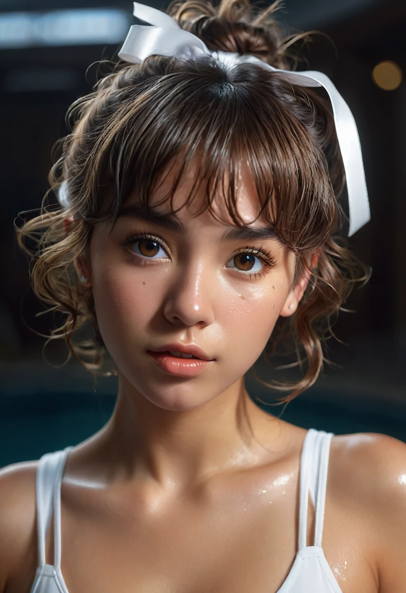 (best quality, 4k, highres, highres face details),18 yrs old, 1girl, solo, athletic figure, tan skin, hoop earrings, perfect nose, perfect lips, fake lashes, deep cleavage, pretty face, cute face, wearing a white T-shirt, wearing white leggings, soaking wet, wet hair, wet body, water dripping off body and hair, nipples exposed, wearing leggings, brown hair, short curly hair, crossed bangs, brown eyes, constricted pupils, hair ribbon, hoop earrings, cinematic lighting, Ultra-Wide Angle, Canon, Hyperrealism, UHD, masterpiece, textured skin, high details, best quality, detailed eyes, detailed iris, whole body photo, posing for the camera