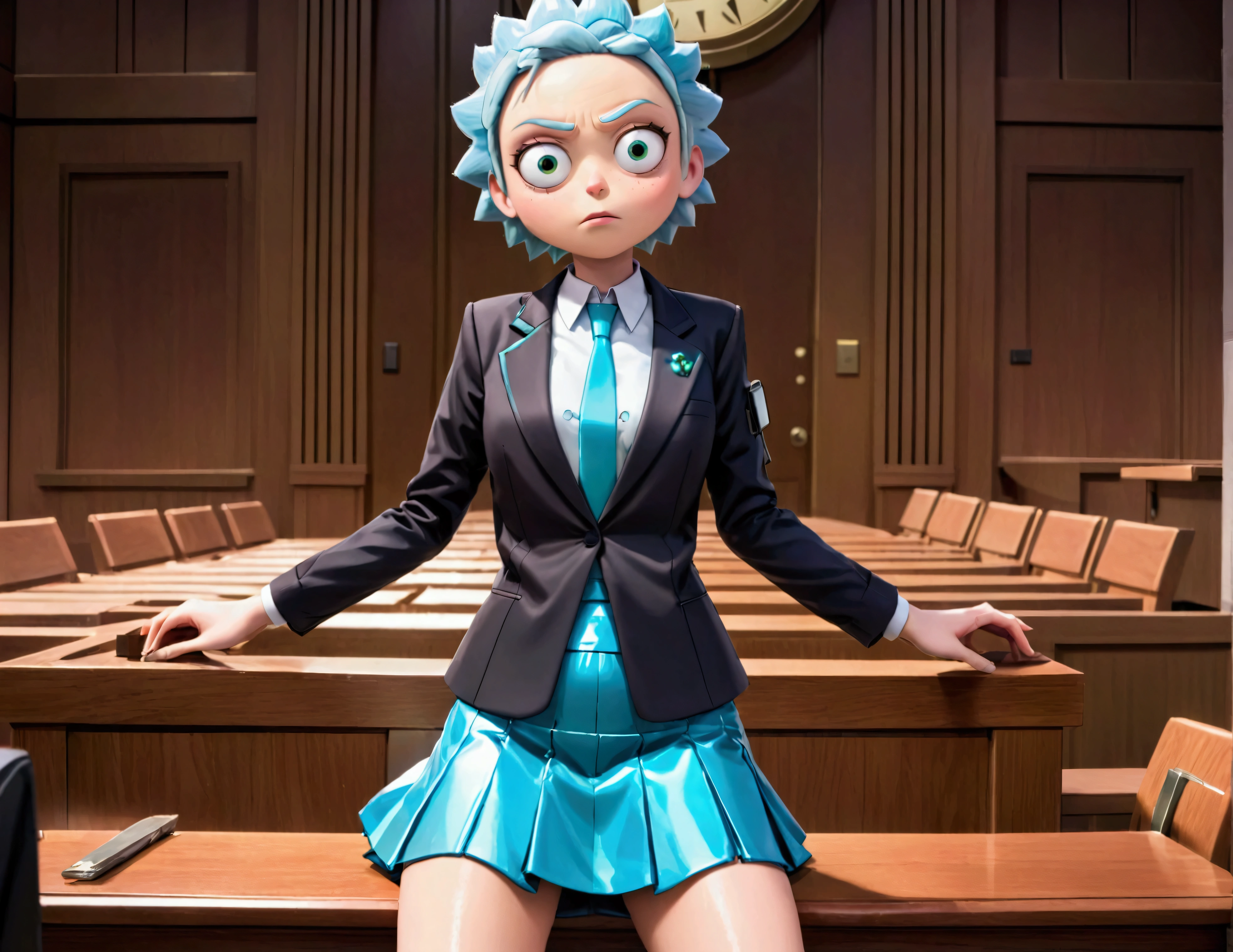 Clock work lawyer (very human, female, obvious mechanical seams at joints, doll like formal suit with mini skirt, glassy eyes) is in a court room, she is question Rick of rick and Morty (science outfit, witness stand), court room
