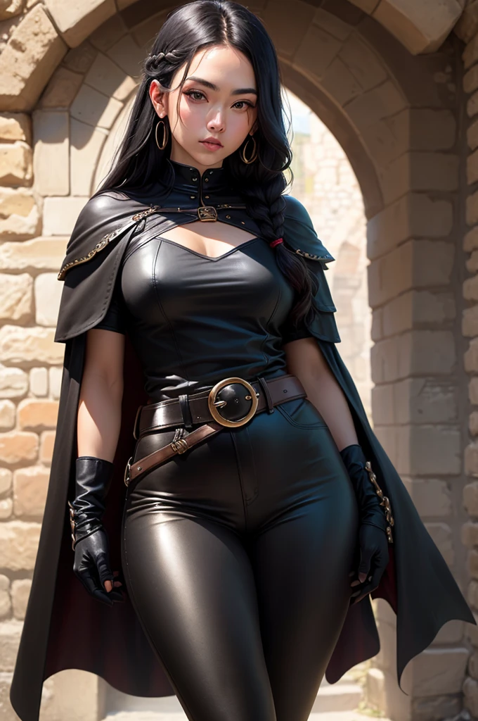 ((best qualityer)), ((work of art)), (detailded) 8K, ultra detailded, work of art, best qualityer, 1 skinny warrior (native of Brazil) ,long black hair with black cape braids, long small braid hair, medieval chainmail ,black medieval leather shirt blouse ,long black medieval cloak , black leather pants ,3 black belts ,black gloves ,black gauntlets ,black belts on the legs ,black belts on thighs , clear lighting, detailed shadows