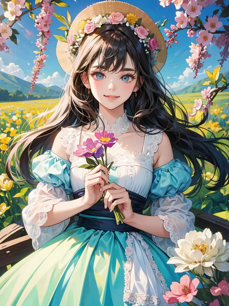 Girl holding flowers,hight details, higher quality, perfect ,smilimg