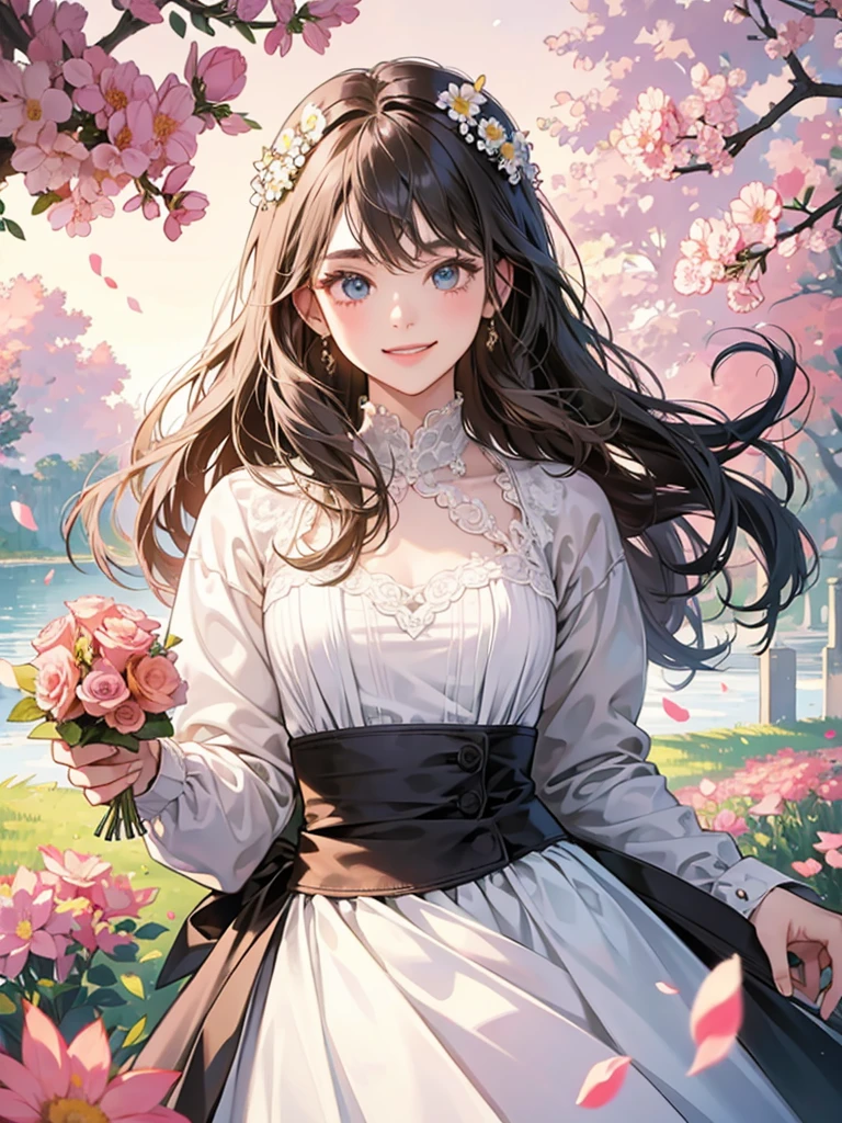 Girl holding flowers,hight details, higher quality, perfect ,smilimg