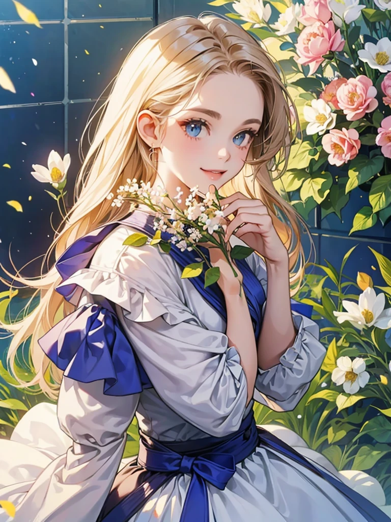 Girl holding flowers,hight details, higher quality, perfect ,smilimg