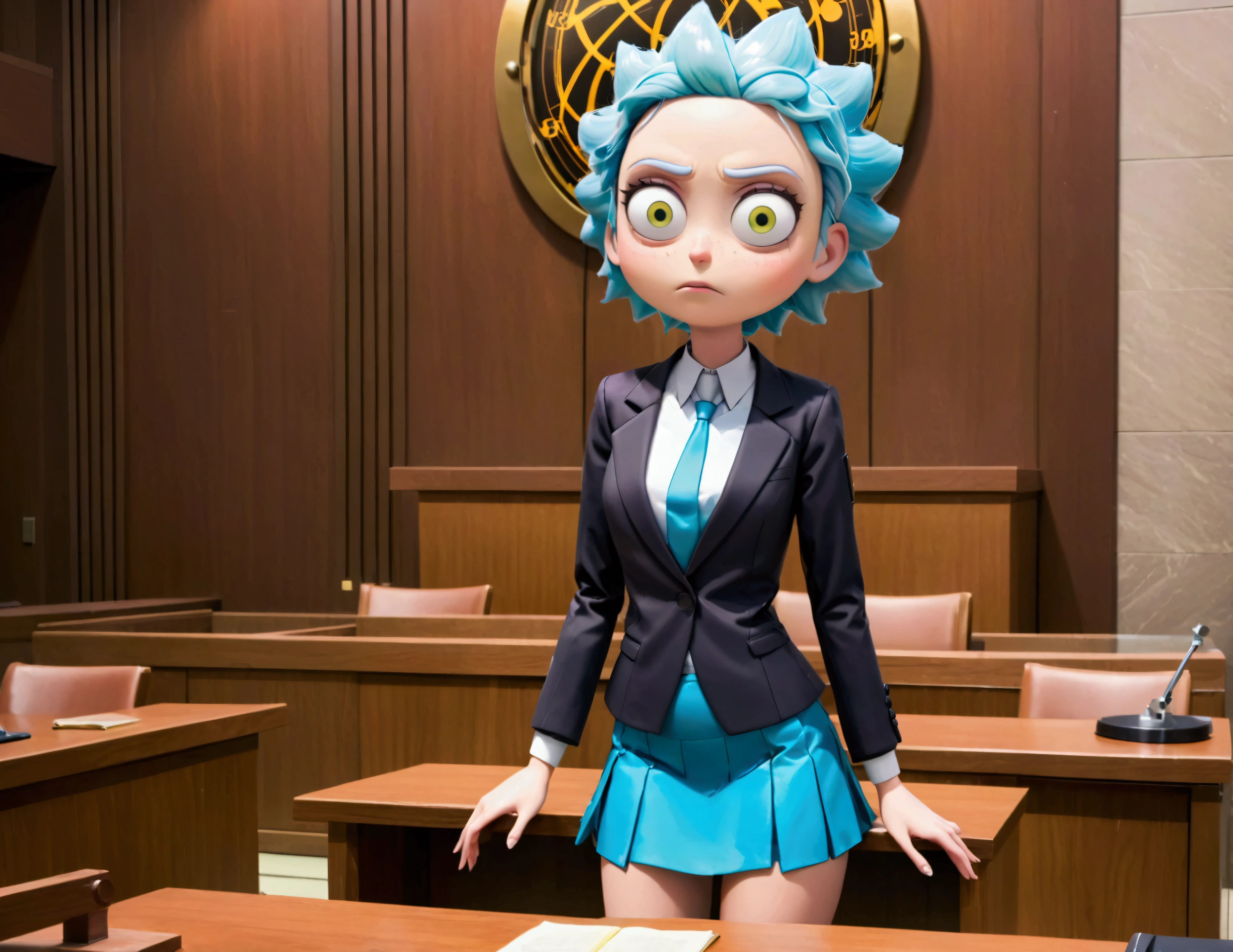 Clock work lawyer (very human, female, obvious mechanical seams at joints, doll like formal suit with mini skirt, glassy eyes) is in a court room, she is question Rick of rick and Morty (science outfit, witness stand), court room
