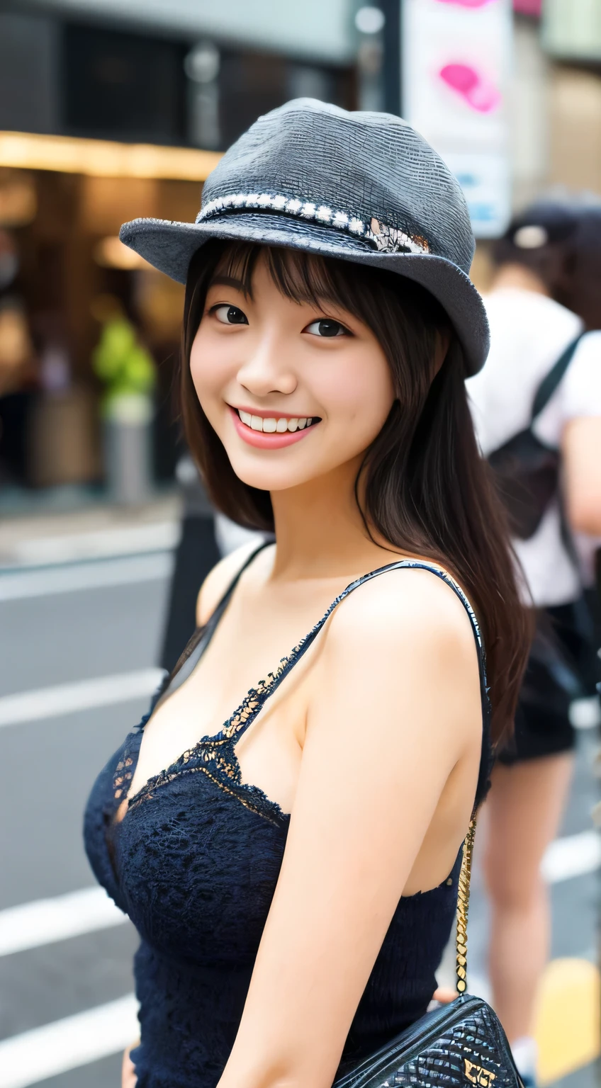 masterpiece,best quality,(Japanese ),((Beautiful girl)),cleavage,(perfect body beauty:1.2),(shy smile),beautiful teeth,(hat),(Shibuya scramble crossing),