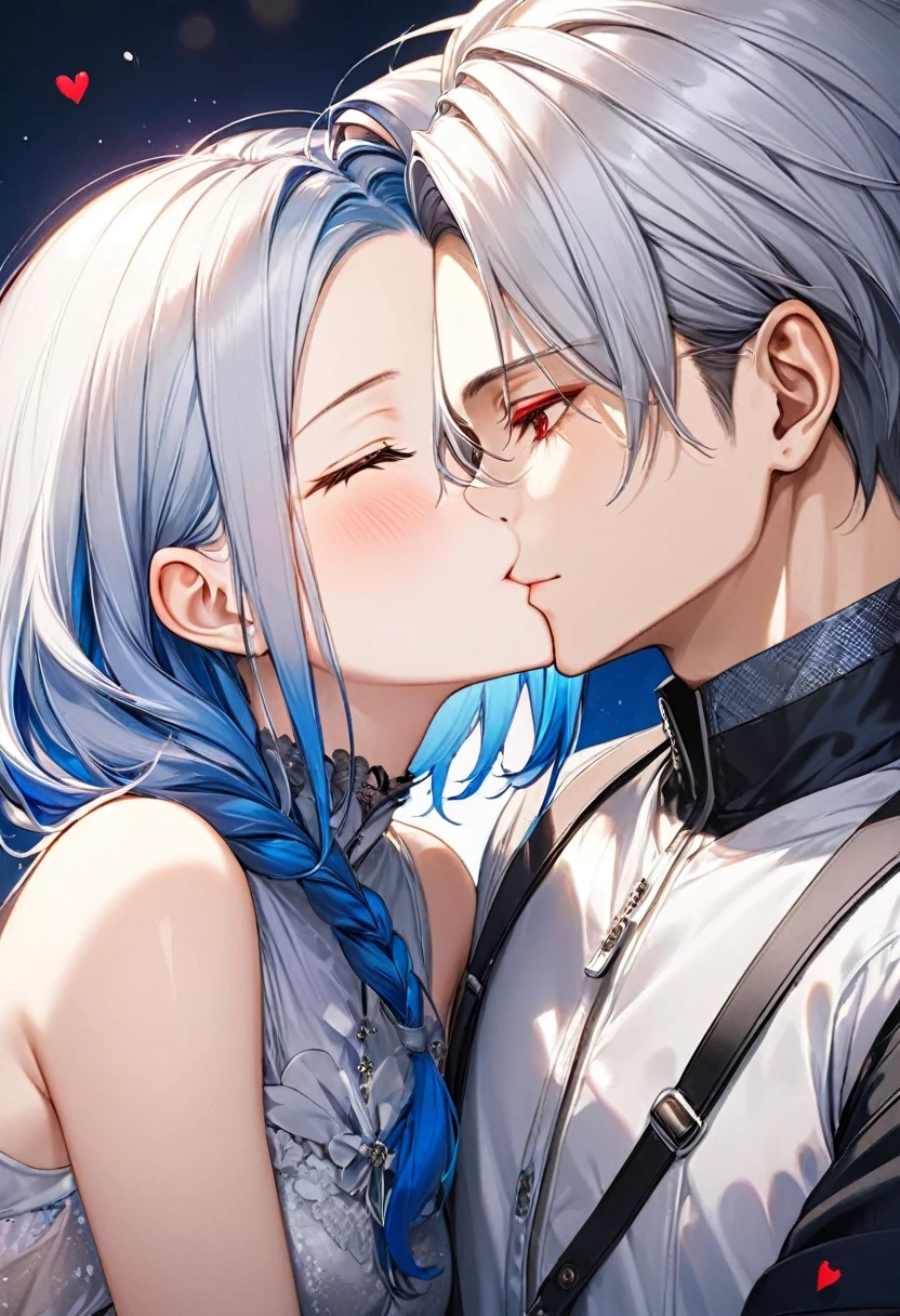 (A friendly couple), (a crew cut silver hair short hair red eyes boy) and (a forehead blue long hair lovely closed eyes cute girl), break, (boy Kiss on the her cheek), BREAK, perfect anatomy, masterpiece, best quality, 16k, beautiful detailed love, daydreaming expression.